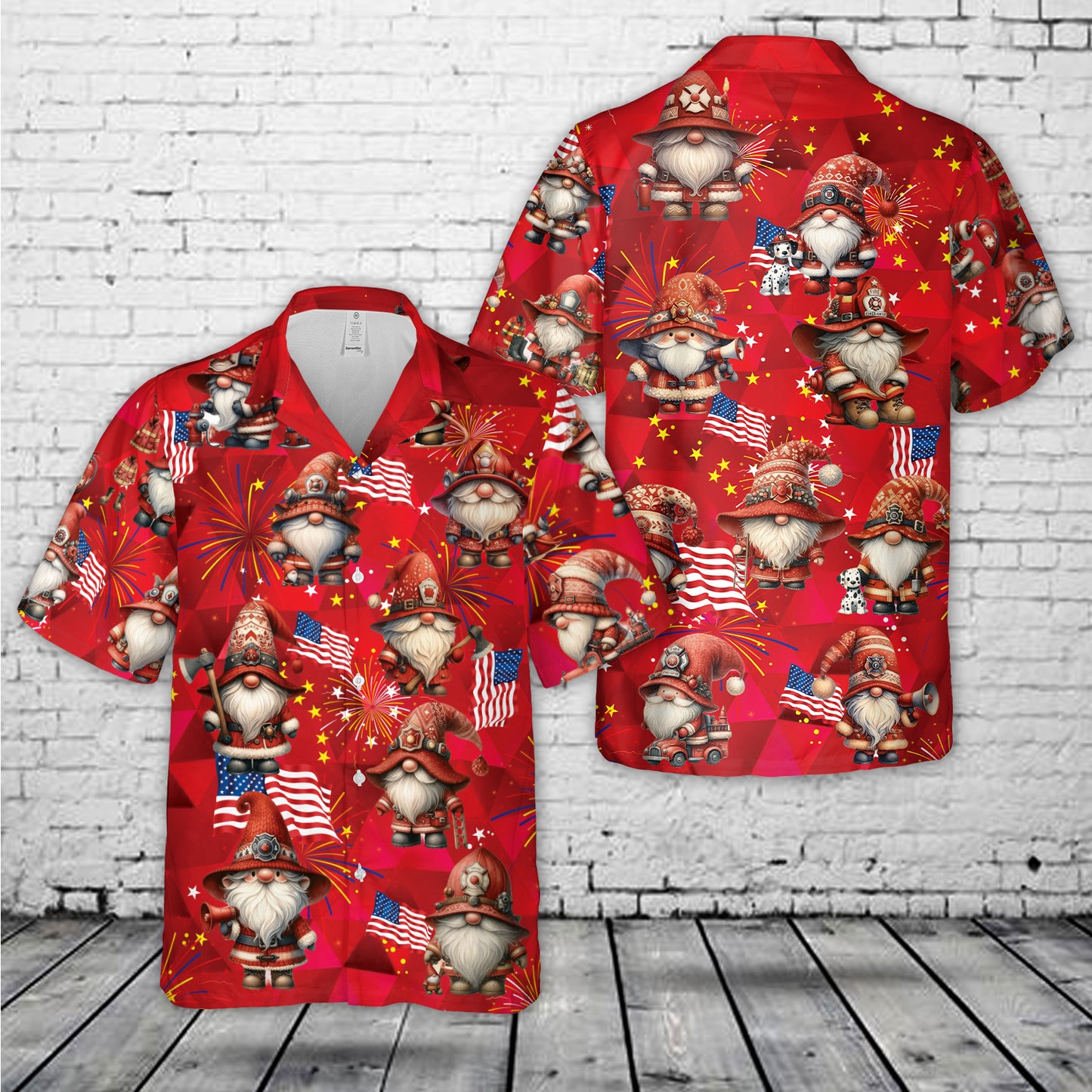 Firefighter Gnome Firefighter Fire Truck 4th of July Hawaiian Shirt