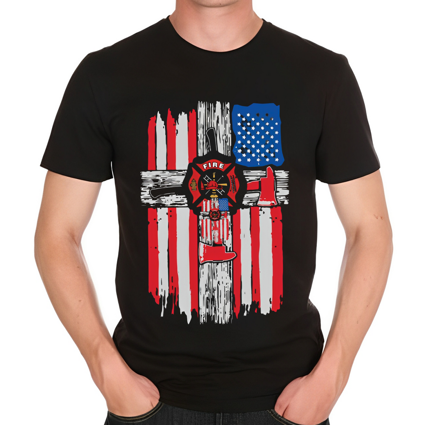 Firefighter Red Line American Flag Classic Unisex T-Shirt Gildan 5000 (Made In US)