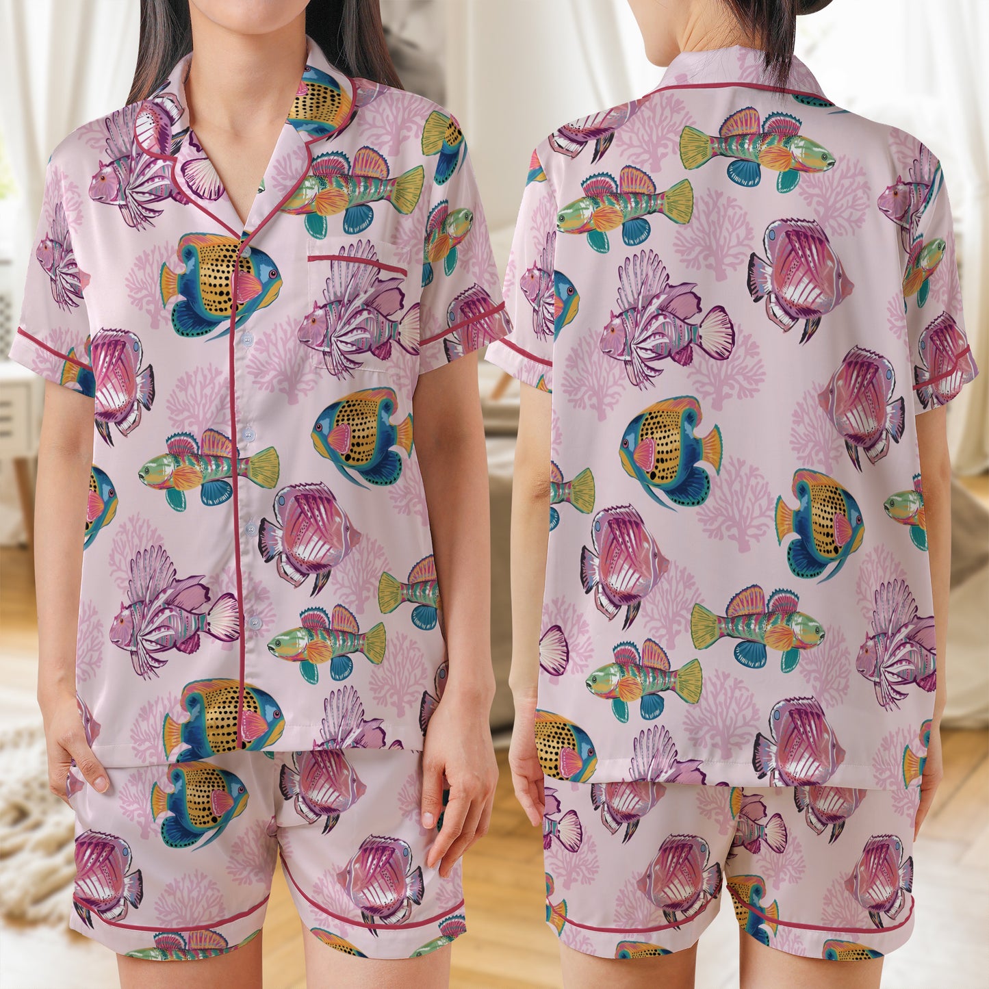 Fish And Coral Marine Seamless AOP Satin Short-Sleeve Pajamas Set