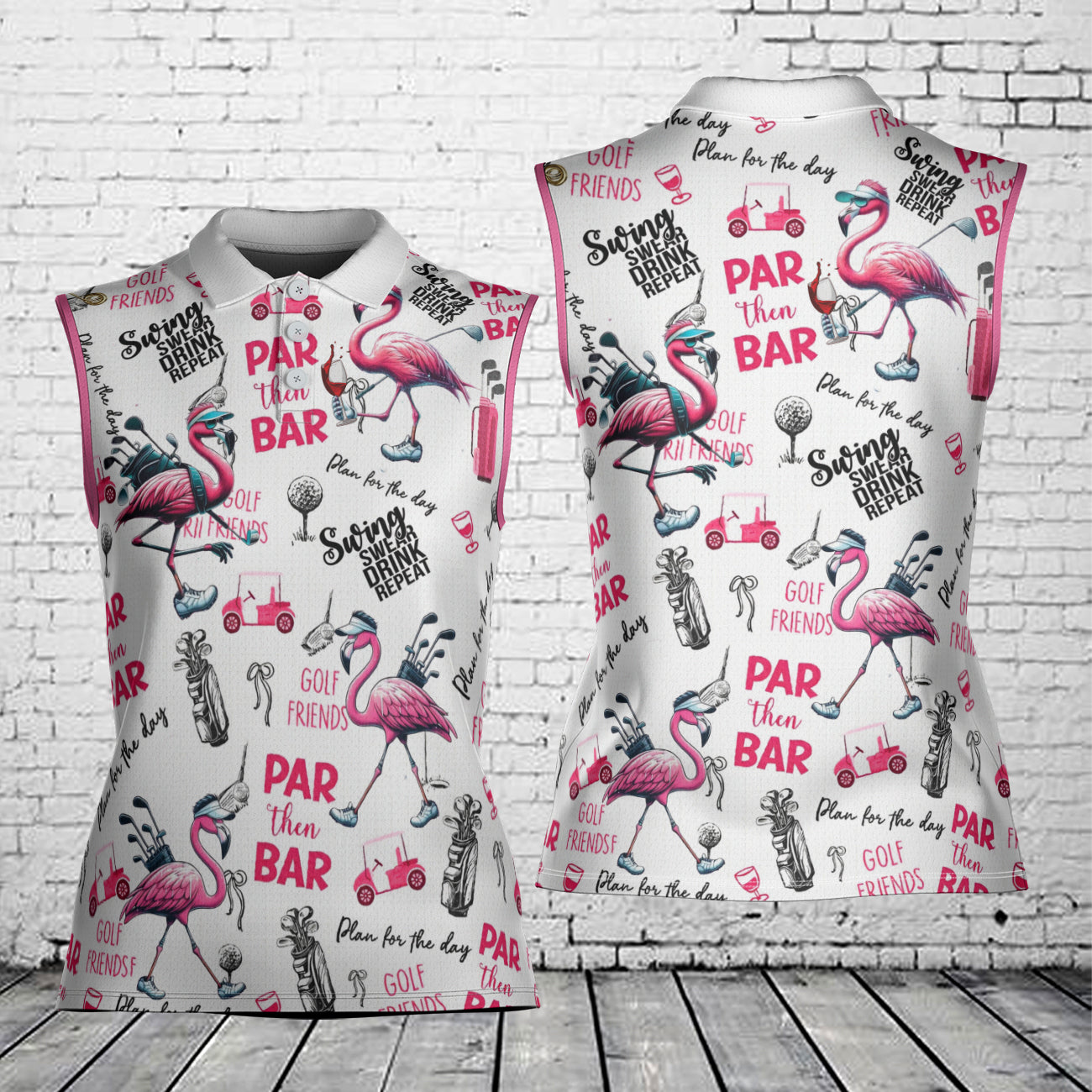 Flamingo Golf And Wine Women's Sleeveless Athleisure Polo Shirt