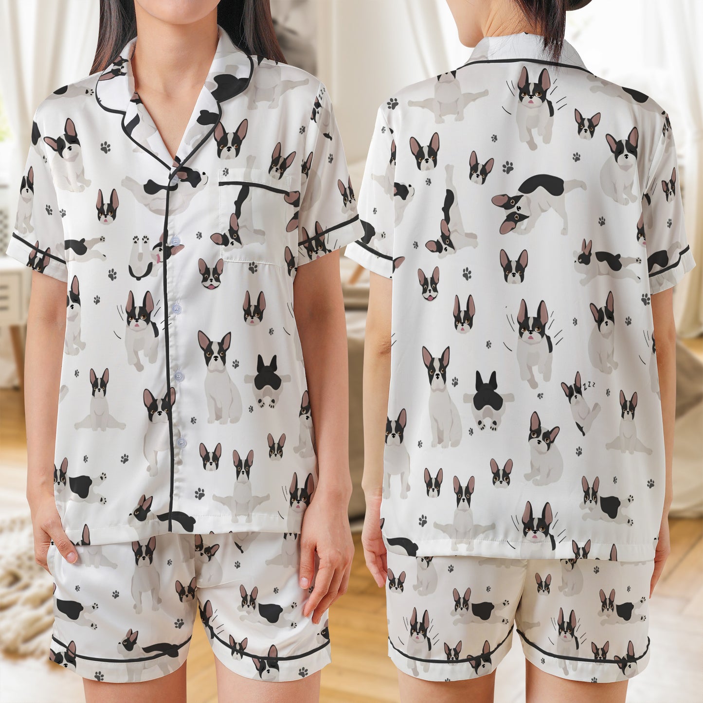 French Bulldog Seamless AOP Satin Short-Sleeve Pajamas Set