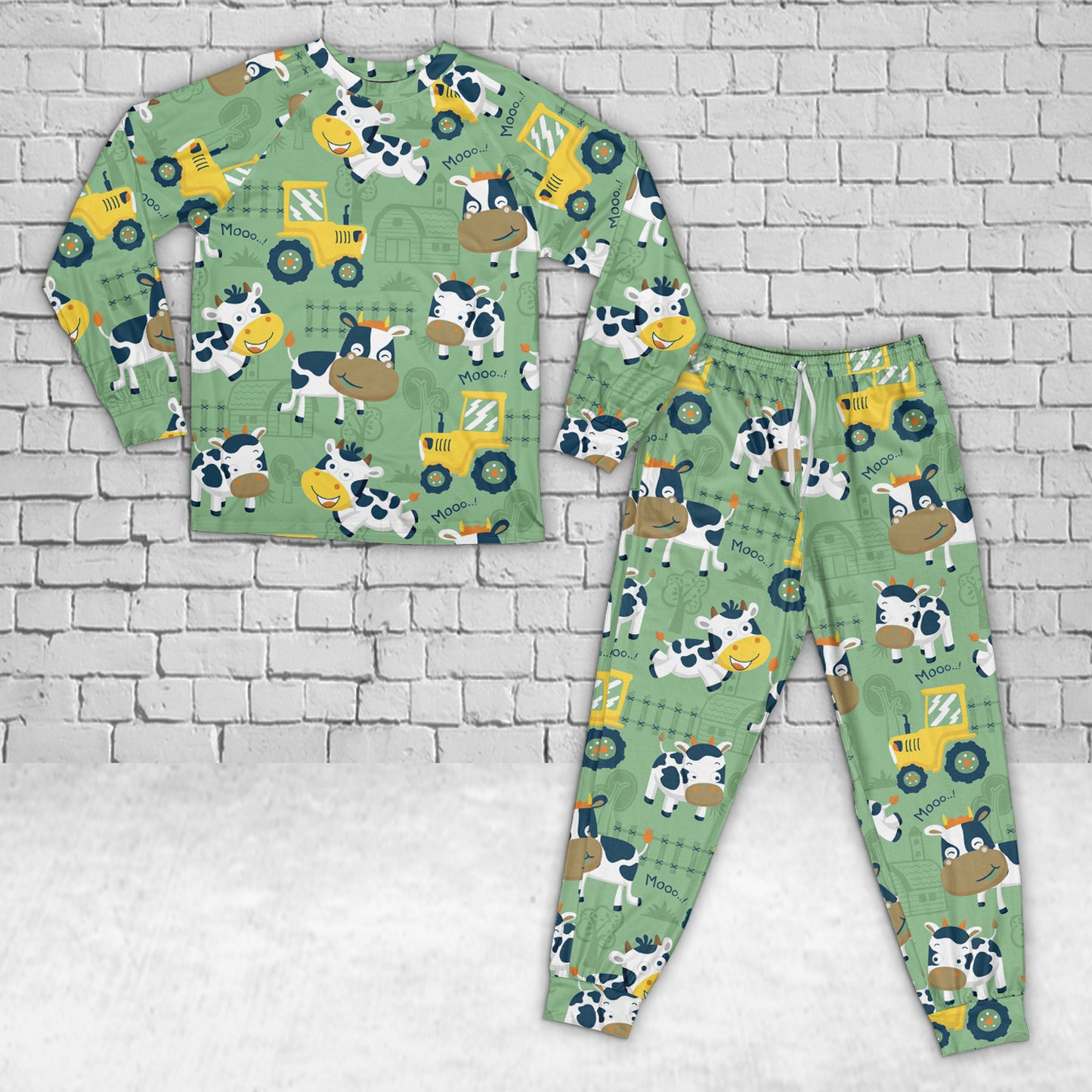 Funny Cow Cartoon With Tractor On Farming Kid Raglan Pajamas Set