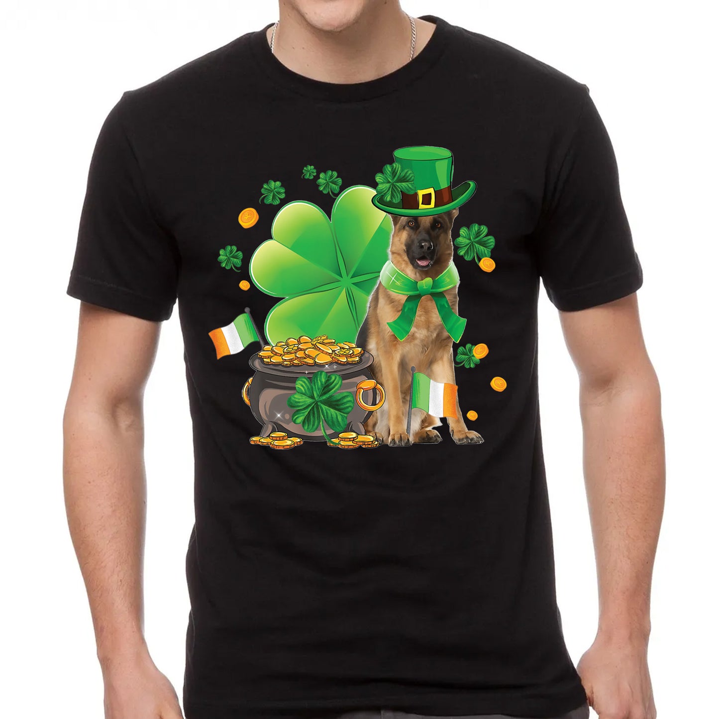 German Shepherd Dog Shamrock Irish Saint St Patrick Day Classic Unisex T-Shirt Gildan 5000 (Made In US)