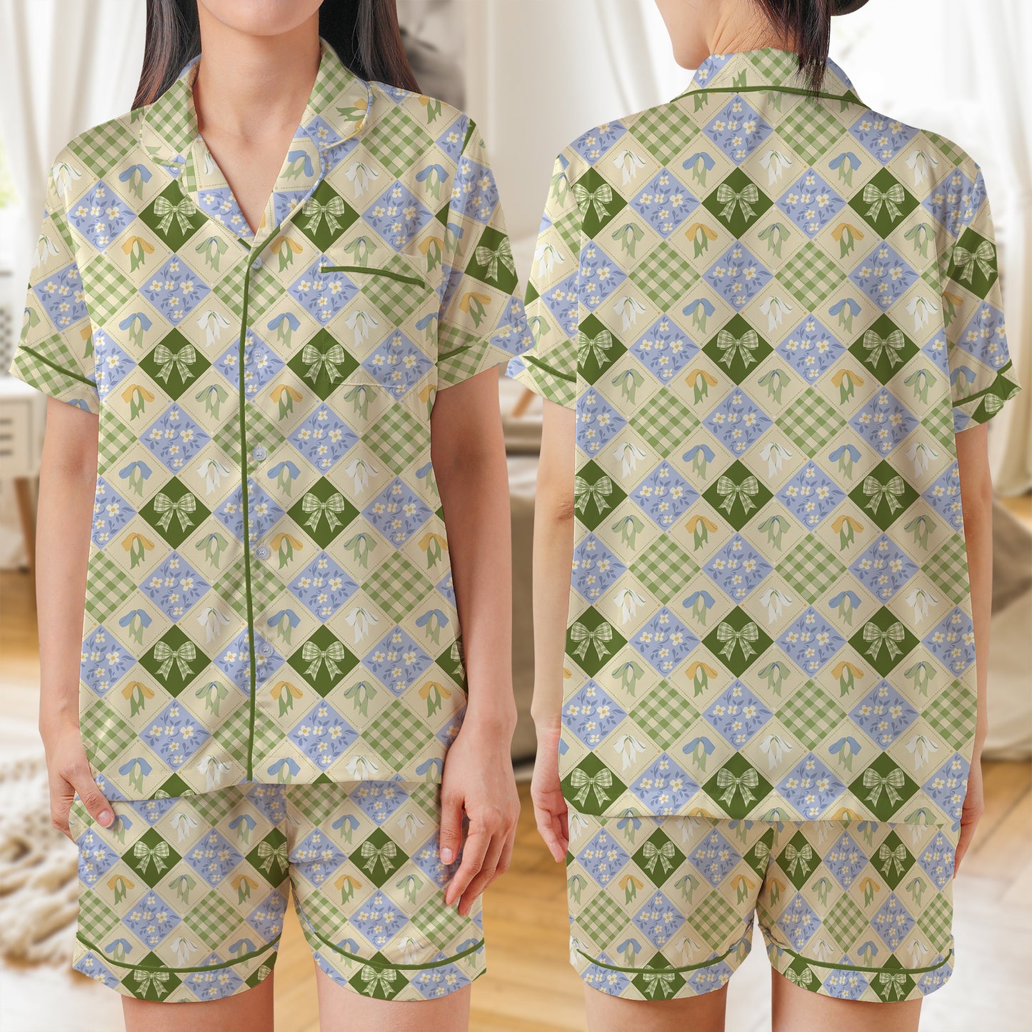 Gingham Check, Ribbon Bows AOP Satin Short-Sleeve Pajamas Set