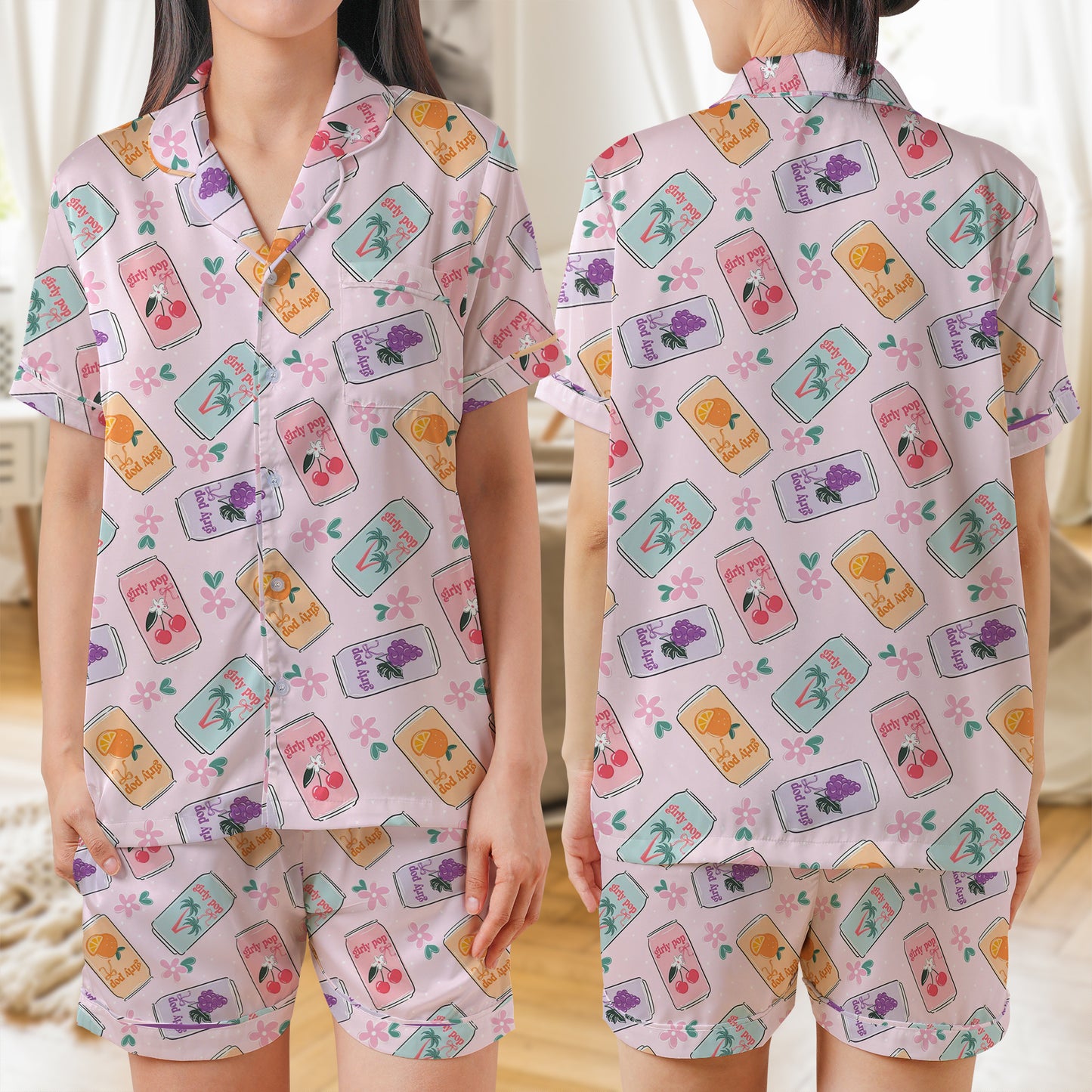Girly Soda Pop AOP Satin Short-Sleeve Pajamas Set