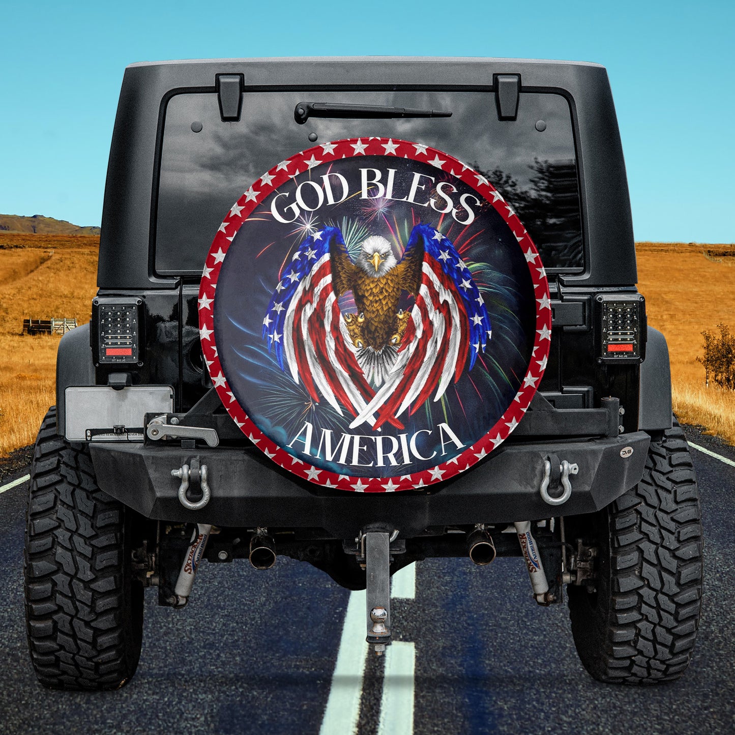 God Bless America Flying American Eagle with Fireworks Spare Tire Cover