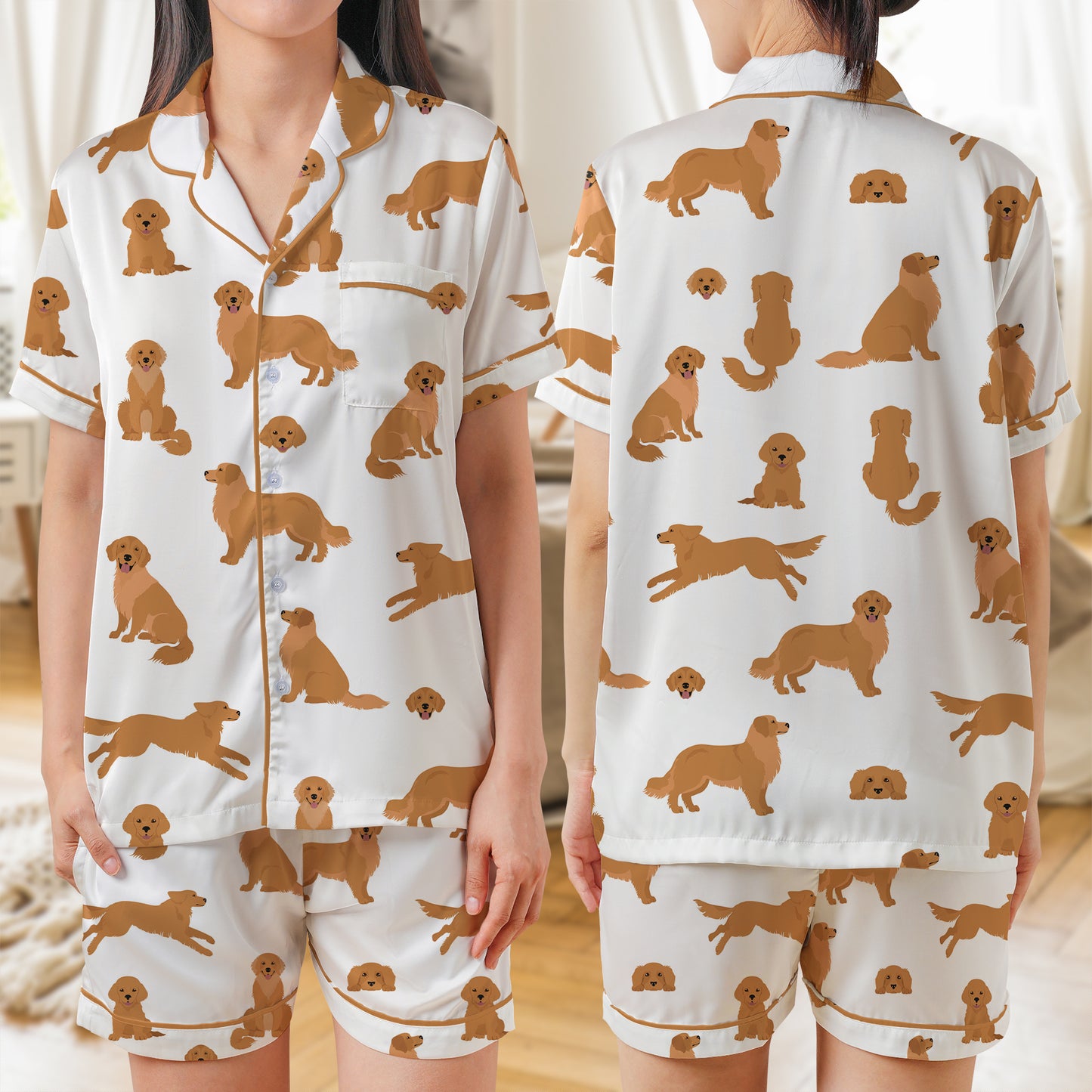 Golden Retriever Pattern AOP Satin Short-Sleeve Pajamas Set