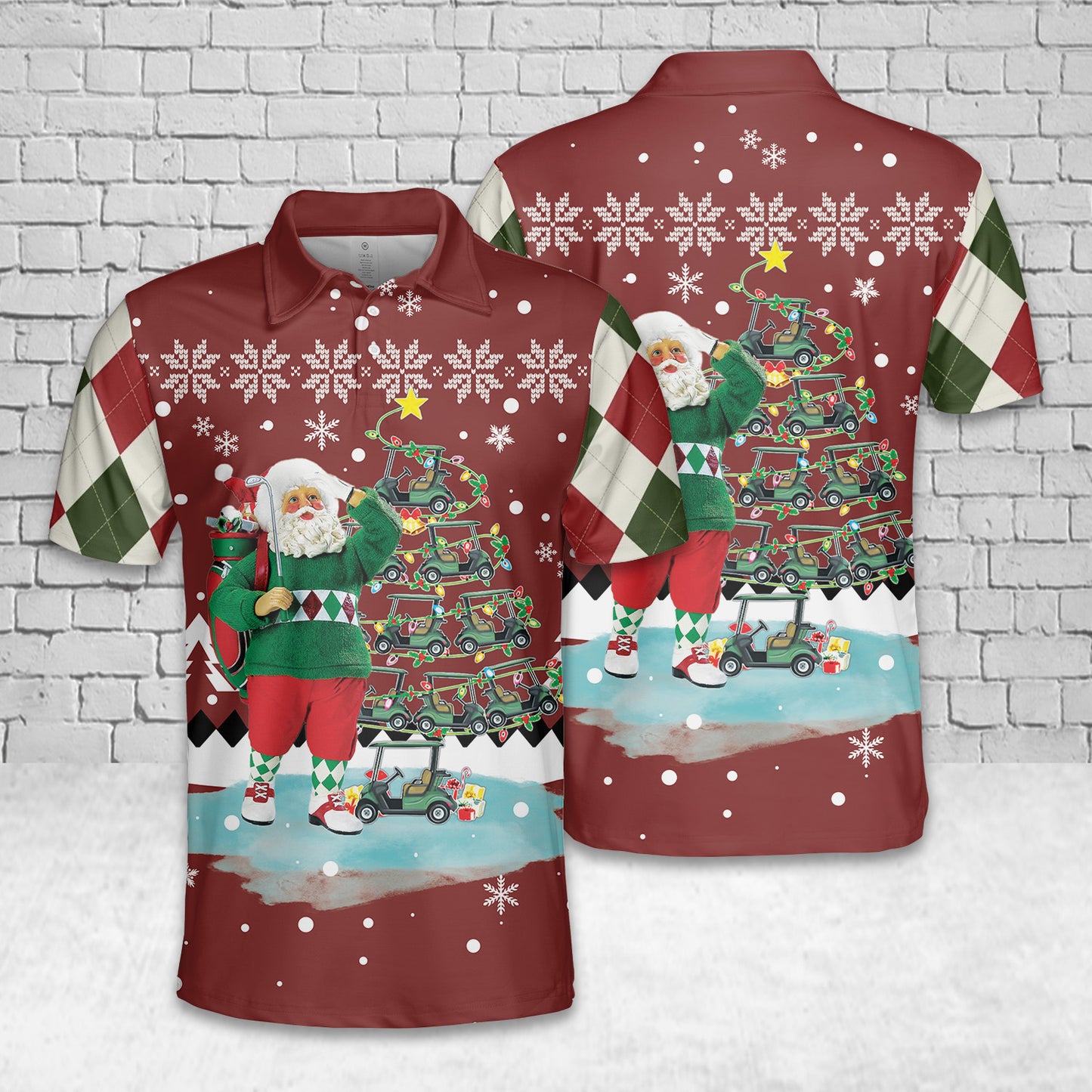 Golf Cart Lover Xmas Lighting Santa Golf Cart Christmas Tree Polo Shirt