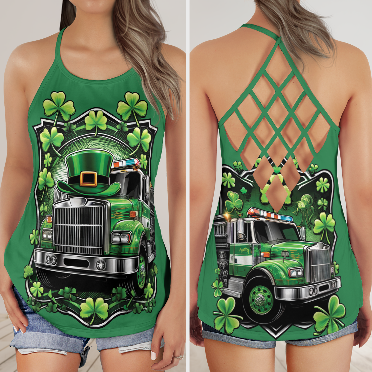 Green Fire Truck Patrick's Day Criss Cross Open Back Tank Top