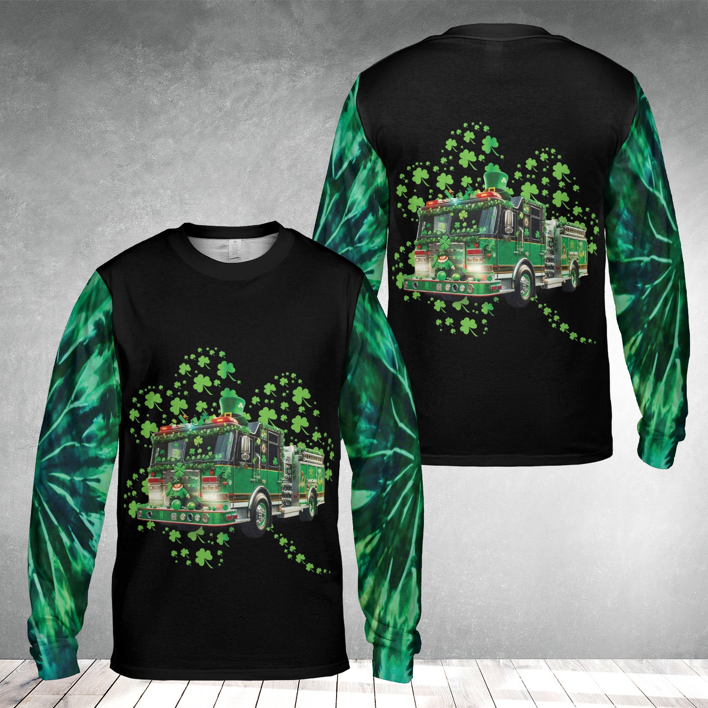 Green Fire Truck Tie dye St Patrick's Day Long Sleeve Shirt