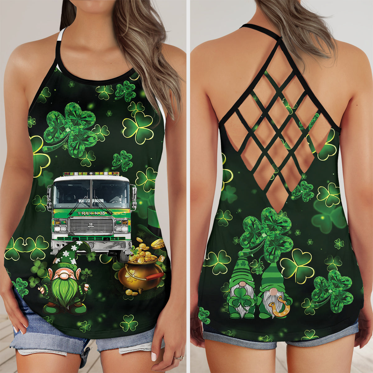 Green Fire Trucks Patrick's Day AOP Criss Cross Open Back Tank Top