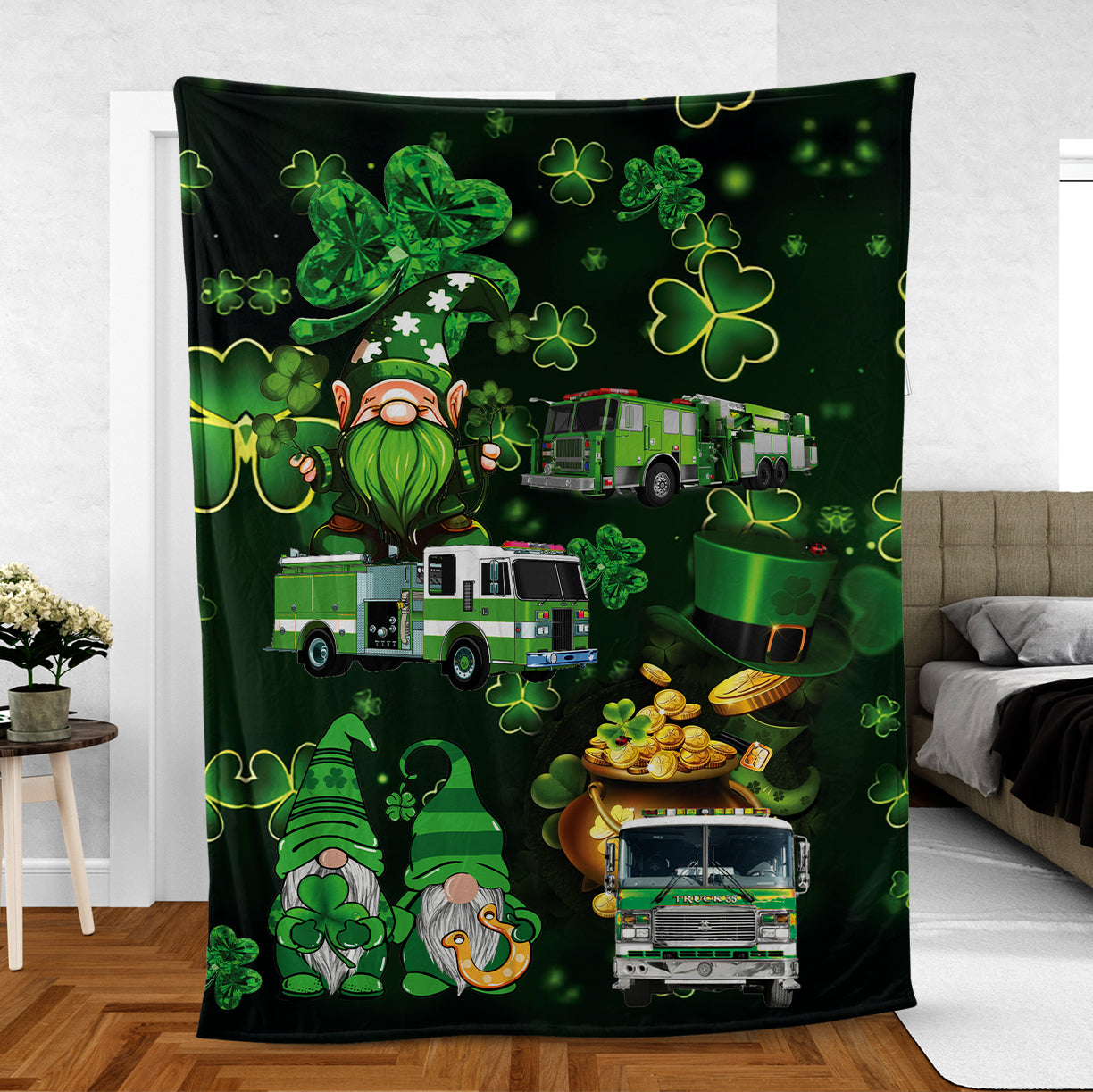 Green Fire Trucks Patrick's Day Fleece Blanket