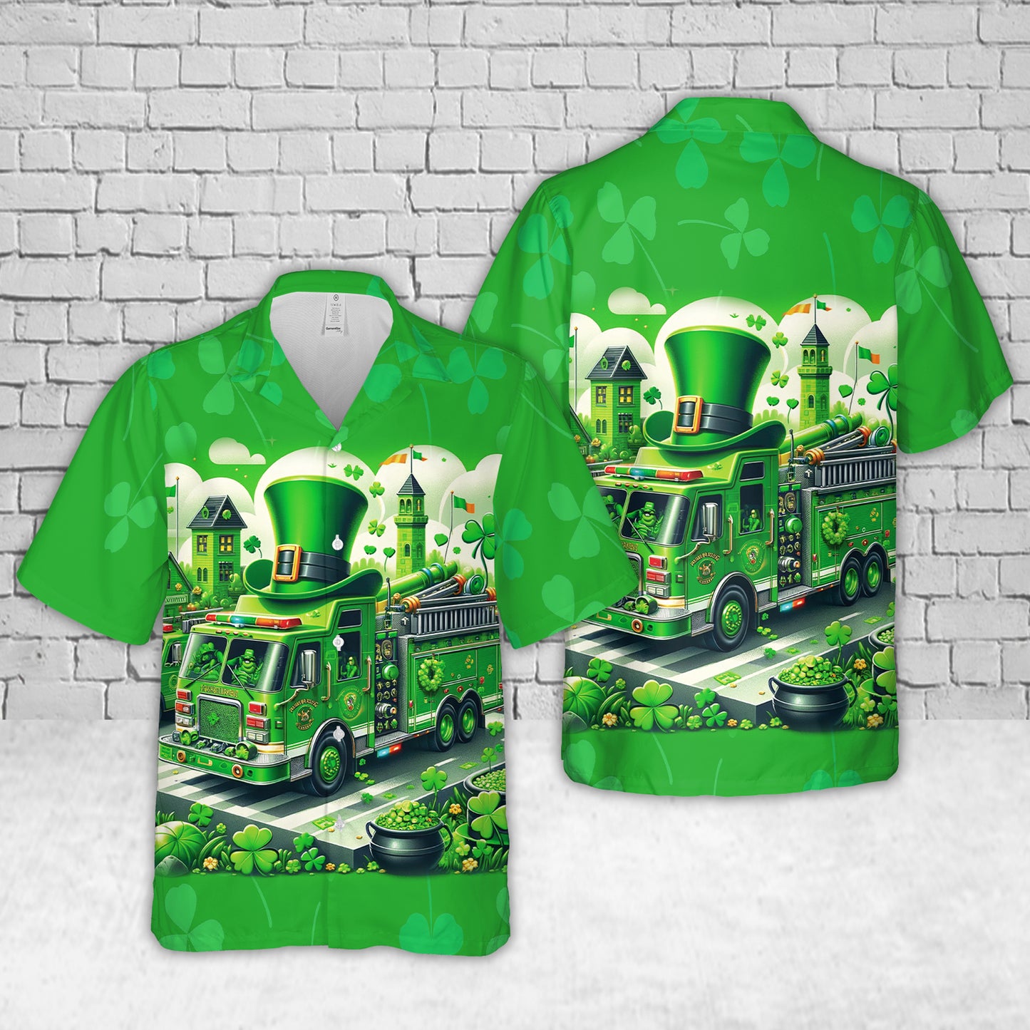 Green Fire Trucks Patrick's Day Hawaiian Shirt