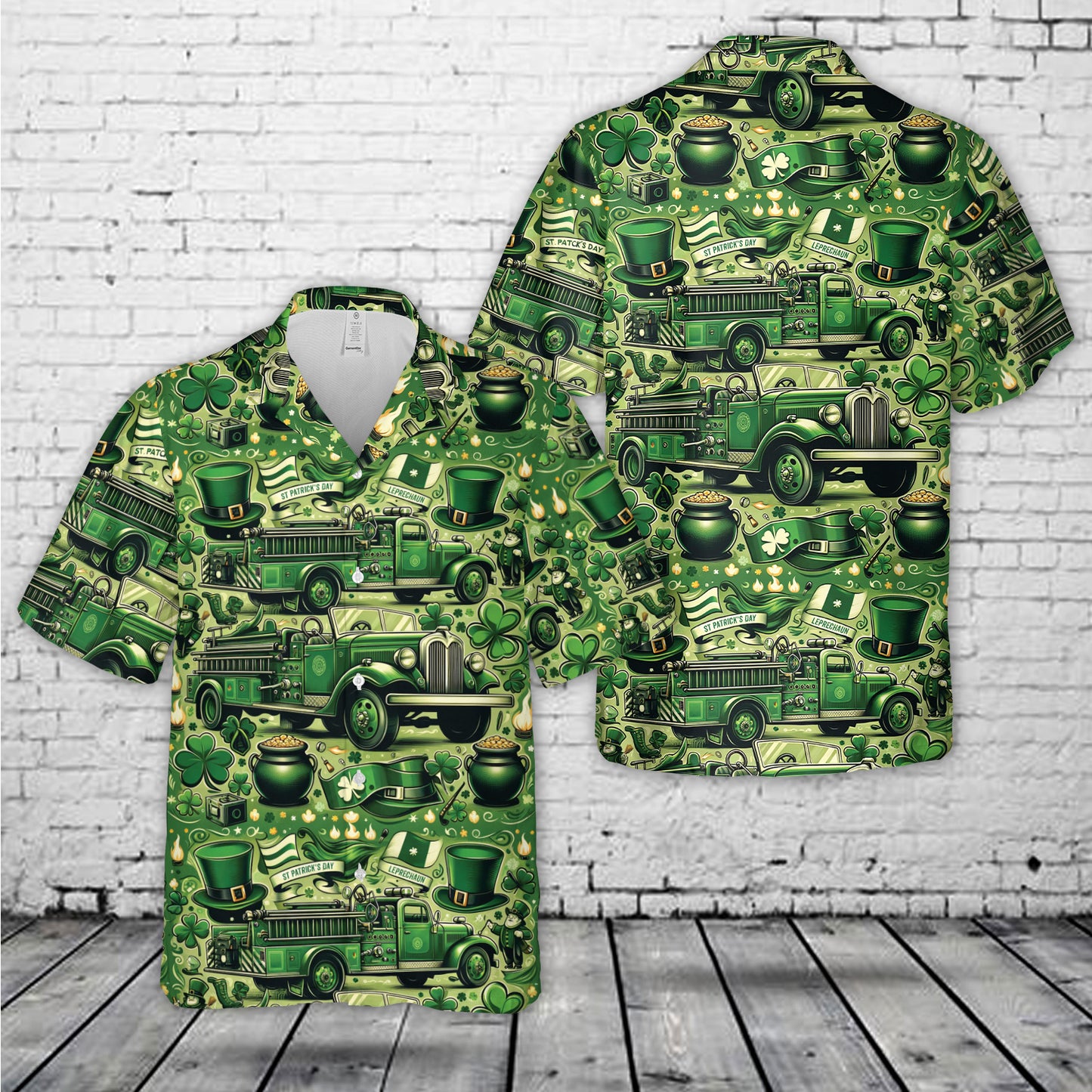 Green Old Fire Trucks St Patrick's Day Hawaiian Shirt