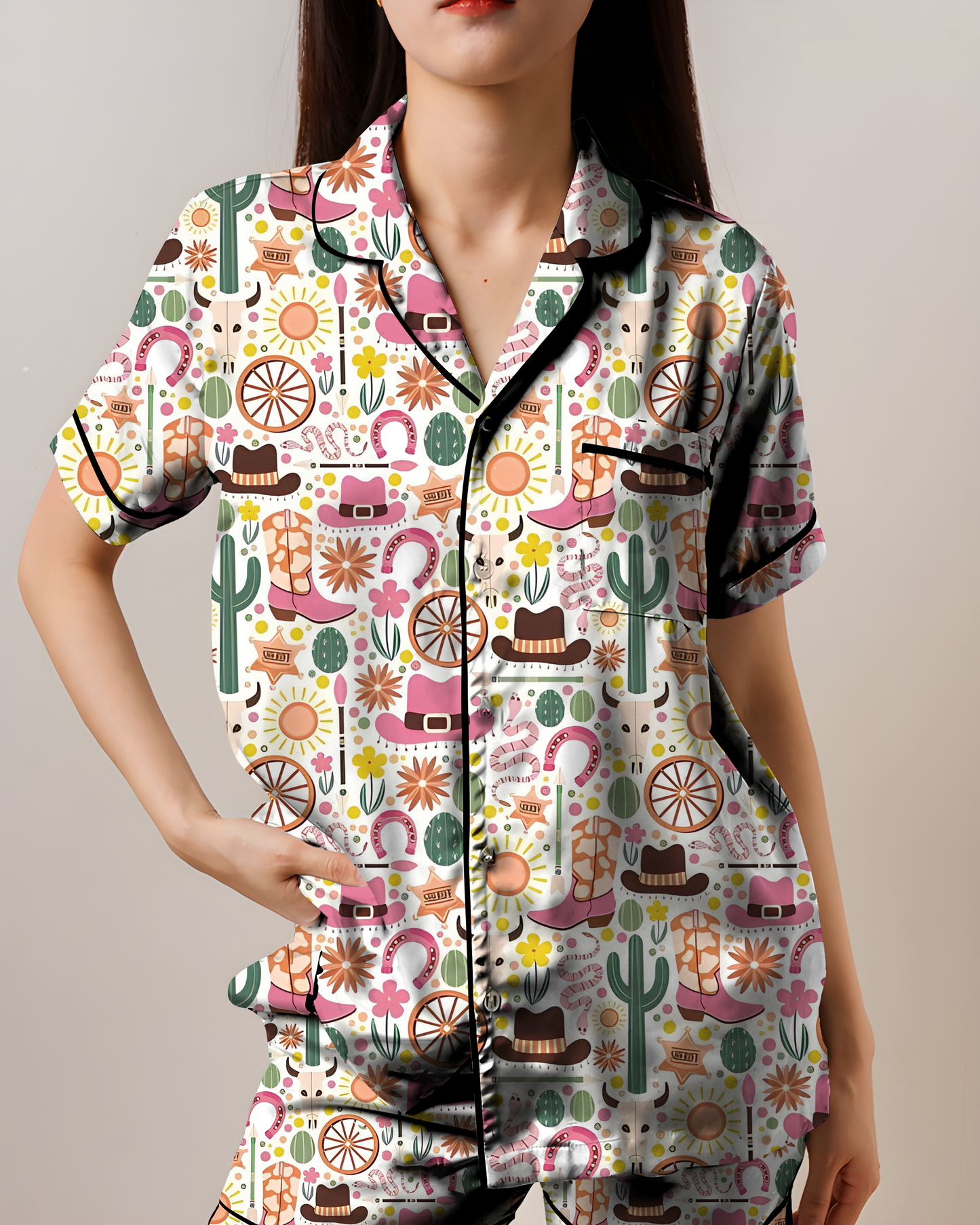 Groovy Western AOP Satin Short-Sleeve Pajamas Set