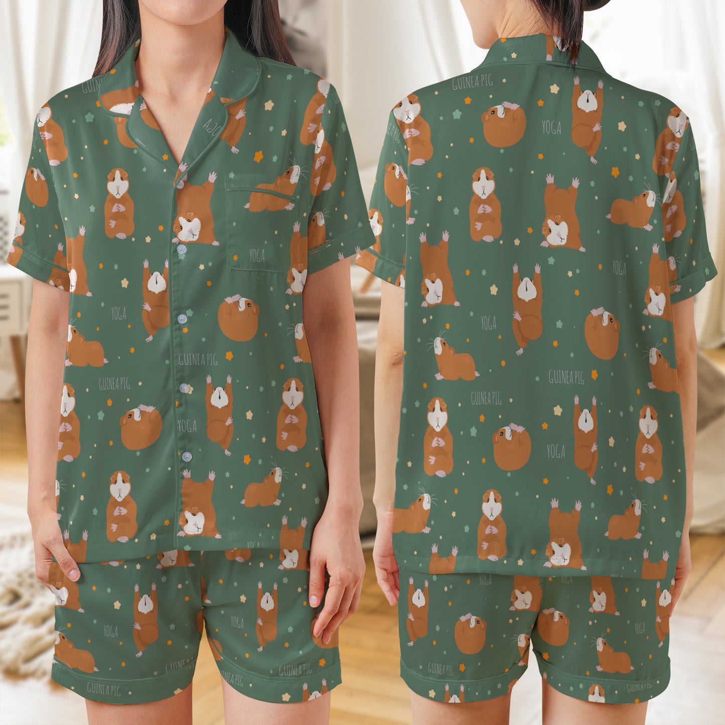 Guinea Pig Yoga AOP Satin Short-Sleeve Pajamas Set