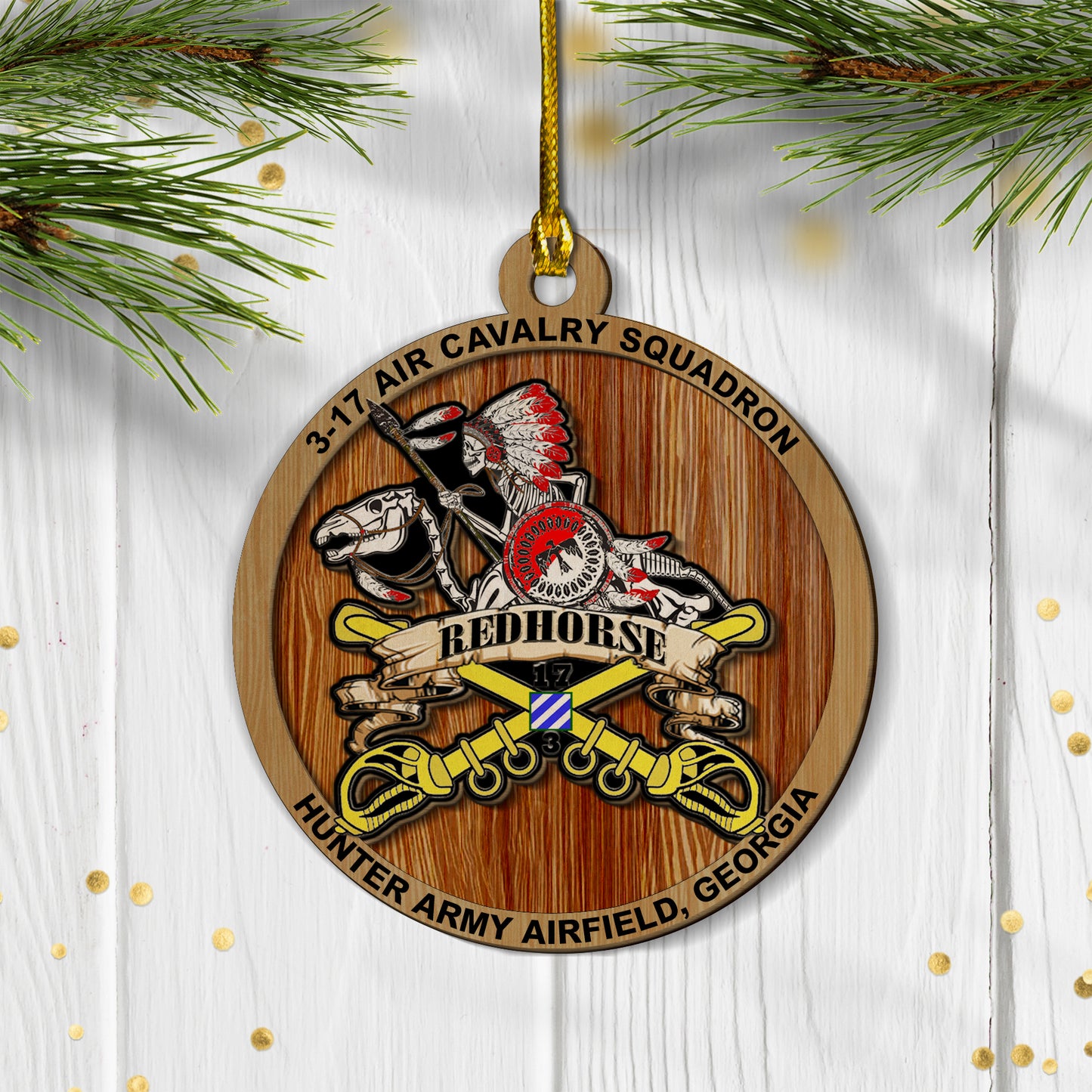 HHT, 3rd Squadron 17th Cavalry Regiment, 3CAB, 3ID 2-layered Wood Ornament