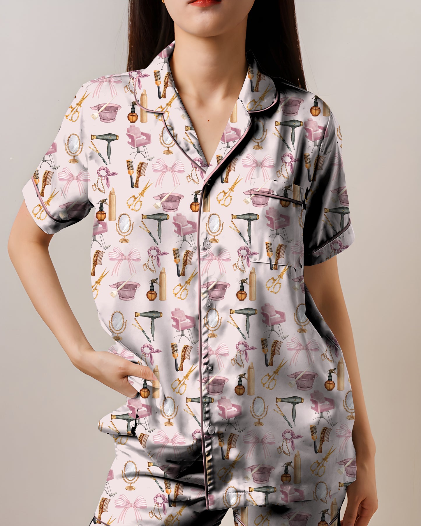 Hairstylist AOP Satin Short-Sleeve Pajamas Set