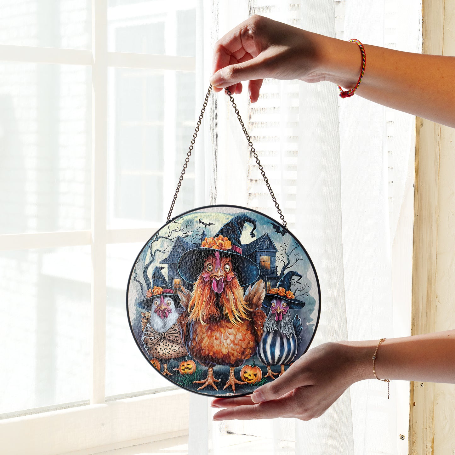 Haunted House Halloween Chickens Stained Glass Suncatcher for Window Hanging
