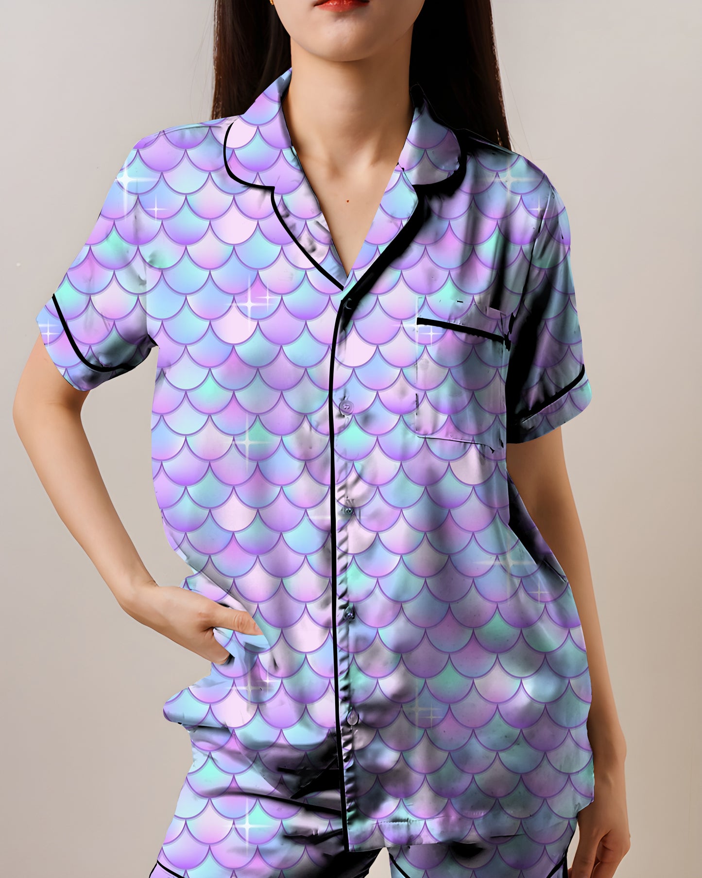 Holographic Mermaid AOP Satin Short-Sleeve Pajamas Set