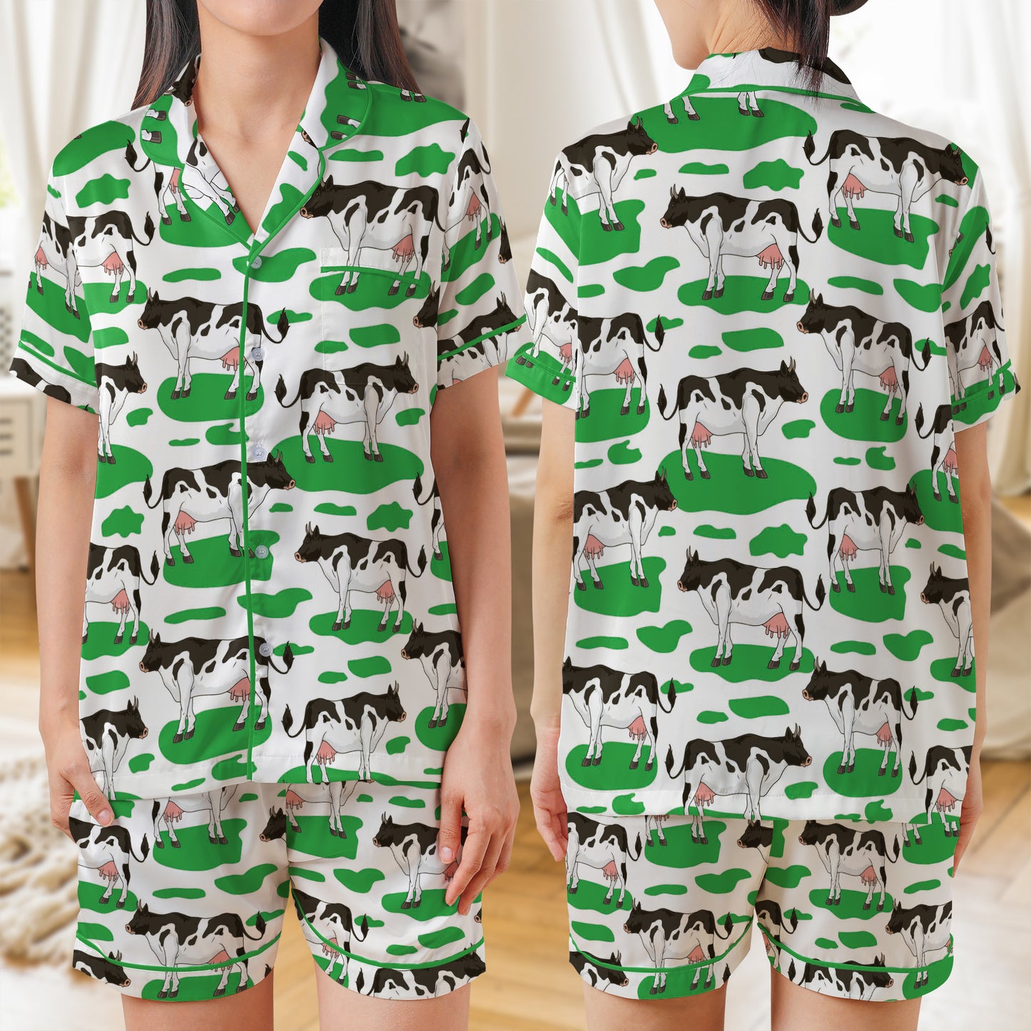 Holstein Cow Seamless AOP Satin Short-Sleeve Pajamas Set