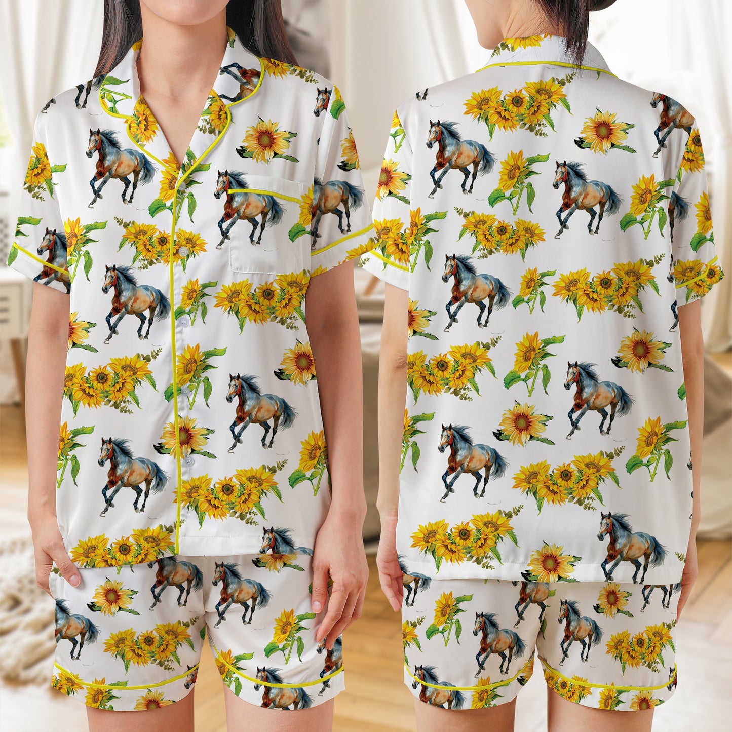 Horse Sunflower AOP Satin Short-Sleeve Pajamas Set
