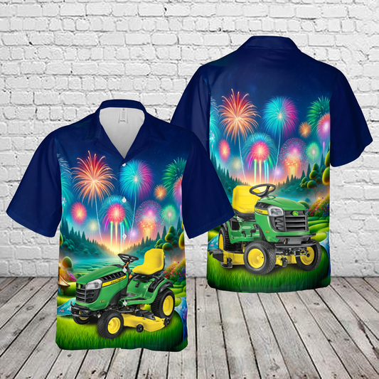 John Deere E180 Lawn Tractor With Fireworks Hawaiian Shirt
