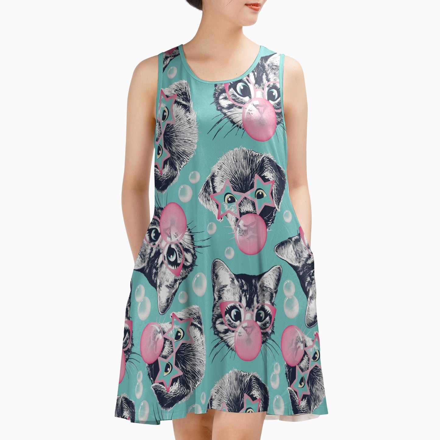 Kitten and Puppy AOP Sleeveless Dress