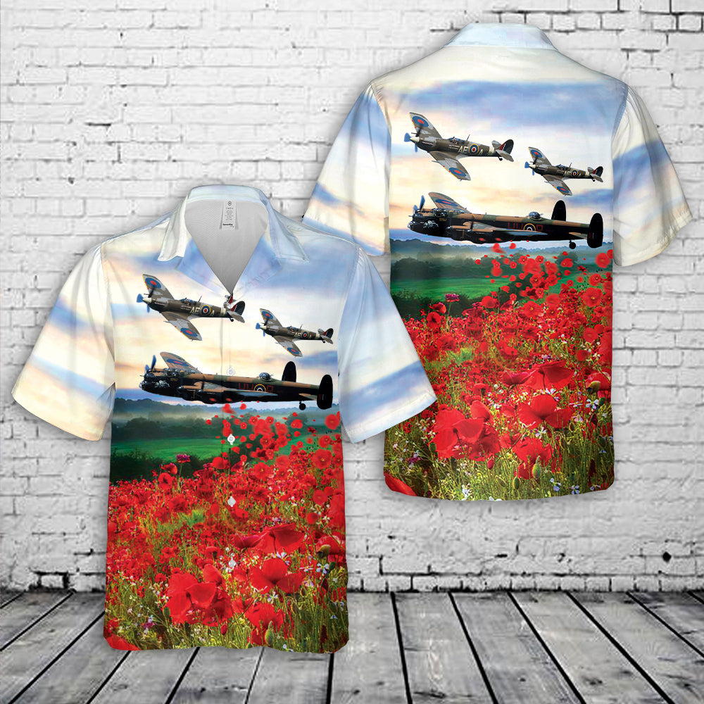 Lancaster Bomber & Spitfires Poppy Pin Remembrance Day Red Poppy We Will Remember LEST WE FORGET Hawaiian Shirt