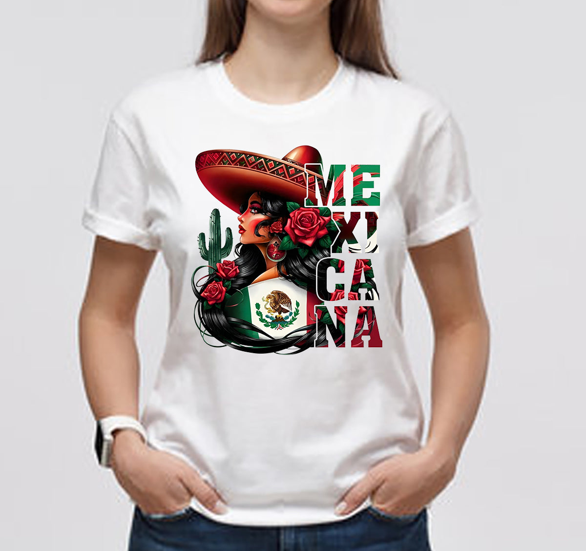 Latina Woman Wearing Sombrero Hat Mexico Flag La Mexicana Classic Unisex T-Shirt Gildan 5000 (Made In US)