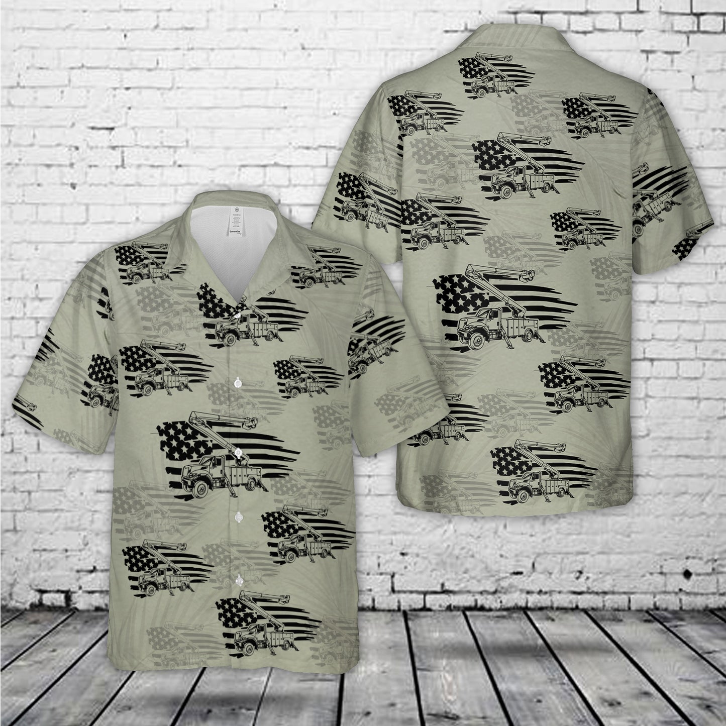 Lineman Bucket Truck Service Vehicle With American Flag Silhouette Hawaiian Shirt