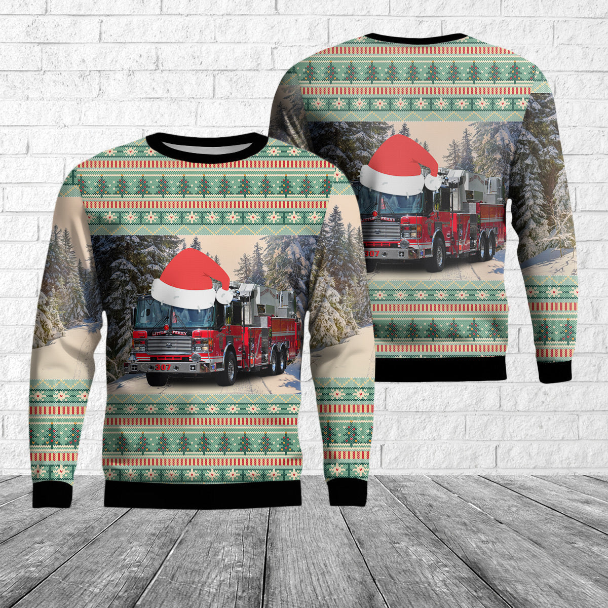 Little Ferry, New Jersey, Little Ferry Hook & Ladder Co. No. 1 Ladder 307 AOP Ugly Christmas Sweater