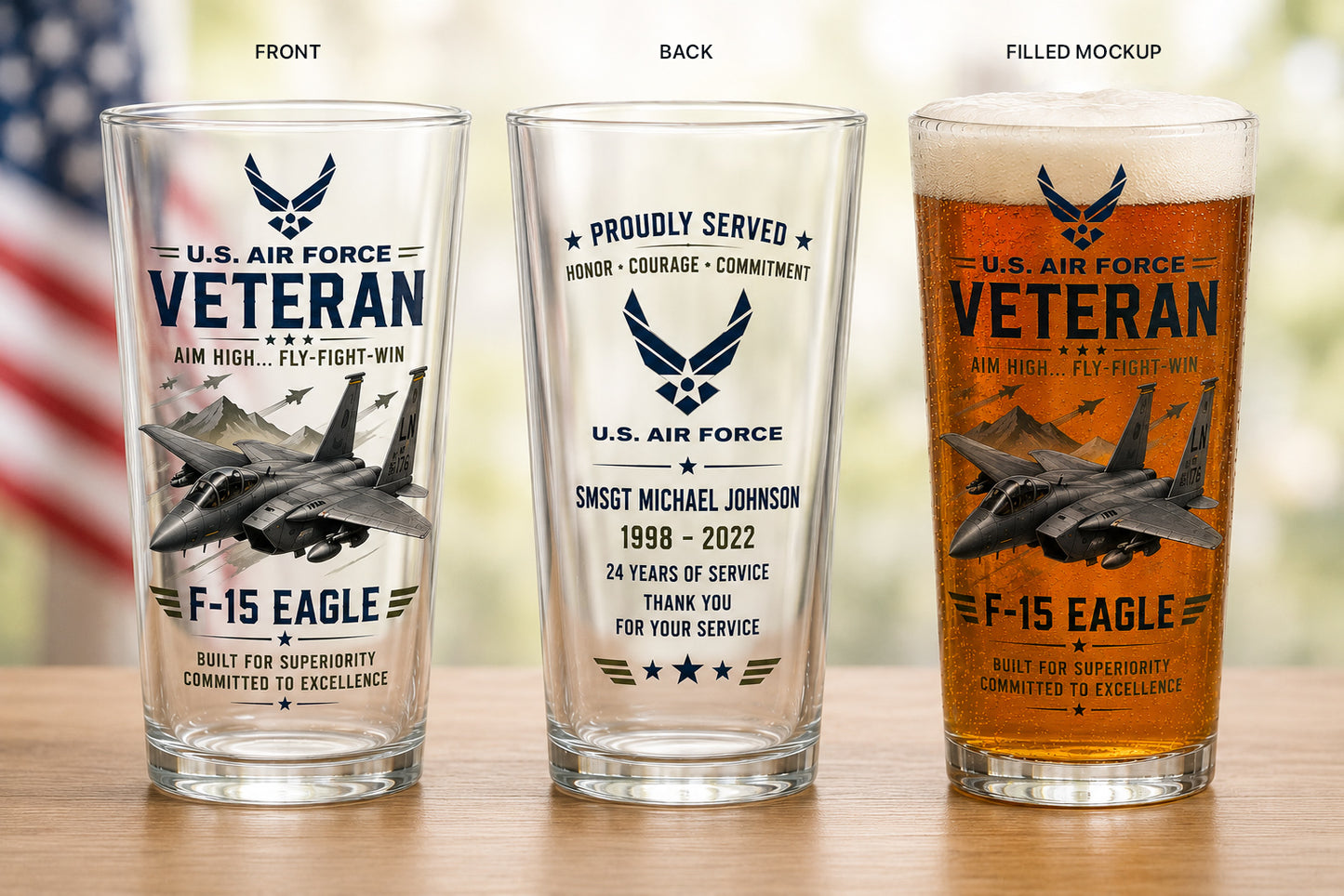 Custom Name, Rank and Years Served US Air Force F-15 Eagle Veteran 16oz Pint Beer Glass