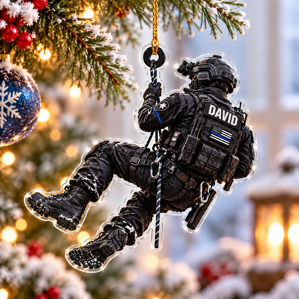 Personalized Police SWAT Officer Rappelling Acrylic Ornament - Custom Name Christmas Gift