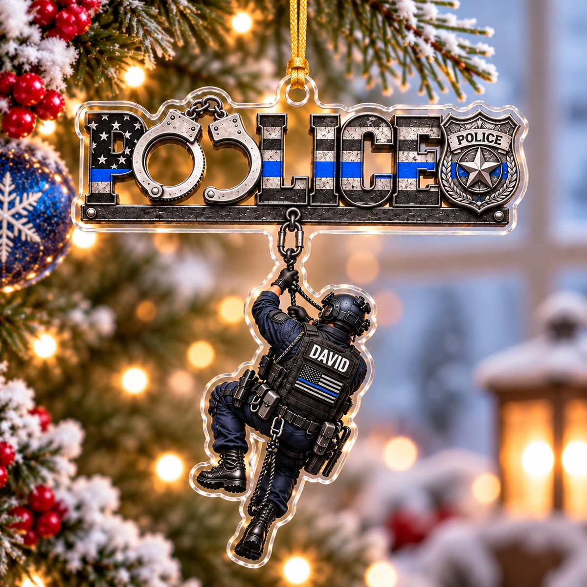 Personalized Police SWAT Rappelling Acrylic Ornament - Custom Name Thin Blue Line Christmas Gift