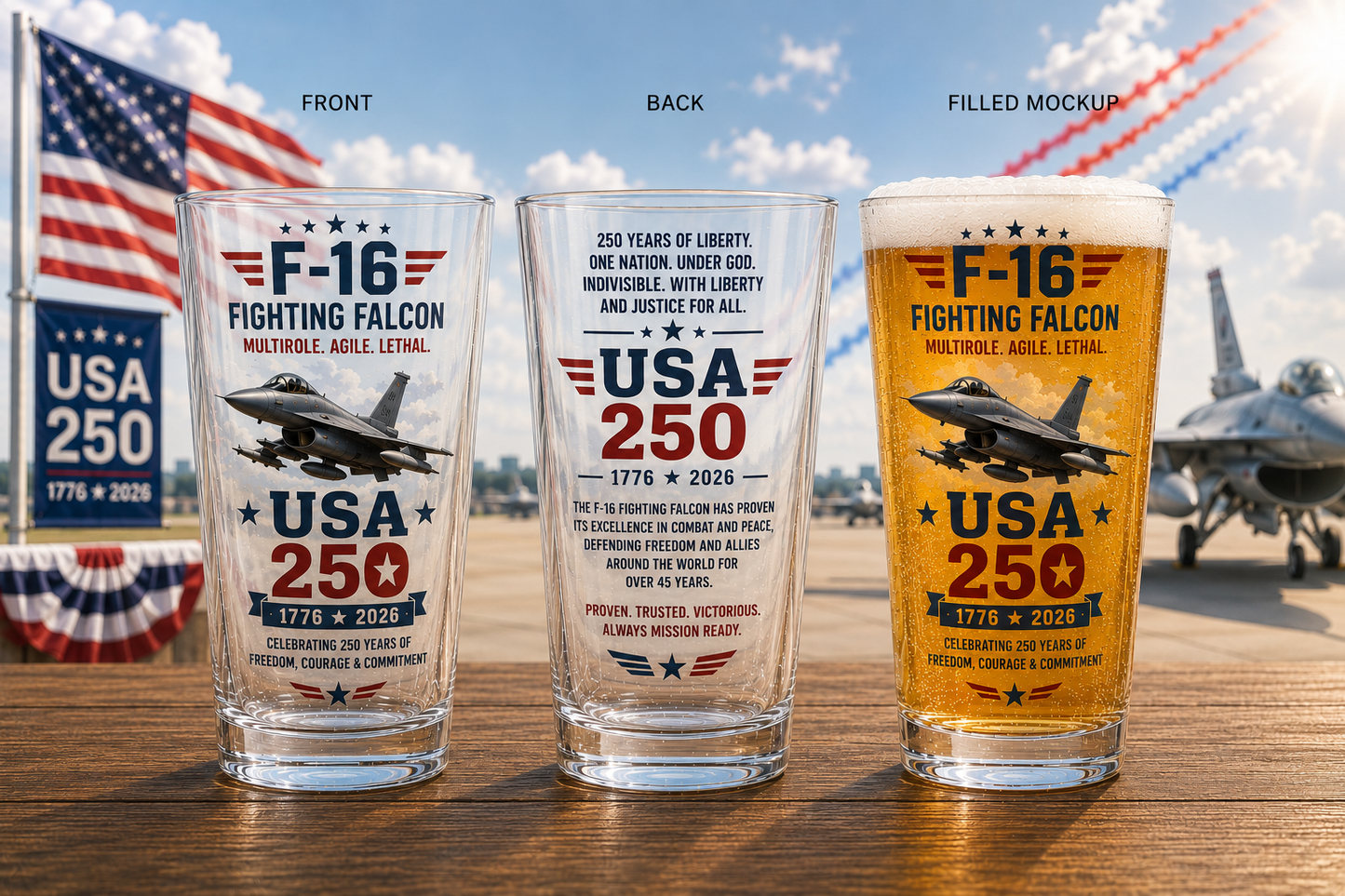 US Air Force F-16 Fighting Falcon USA 250th Anniversary Pint Beer Glass - Patriotic American Aviation Gift 1776-2026 Barware 16 oz Print Glass Beer