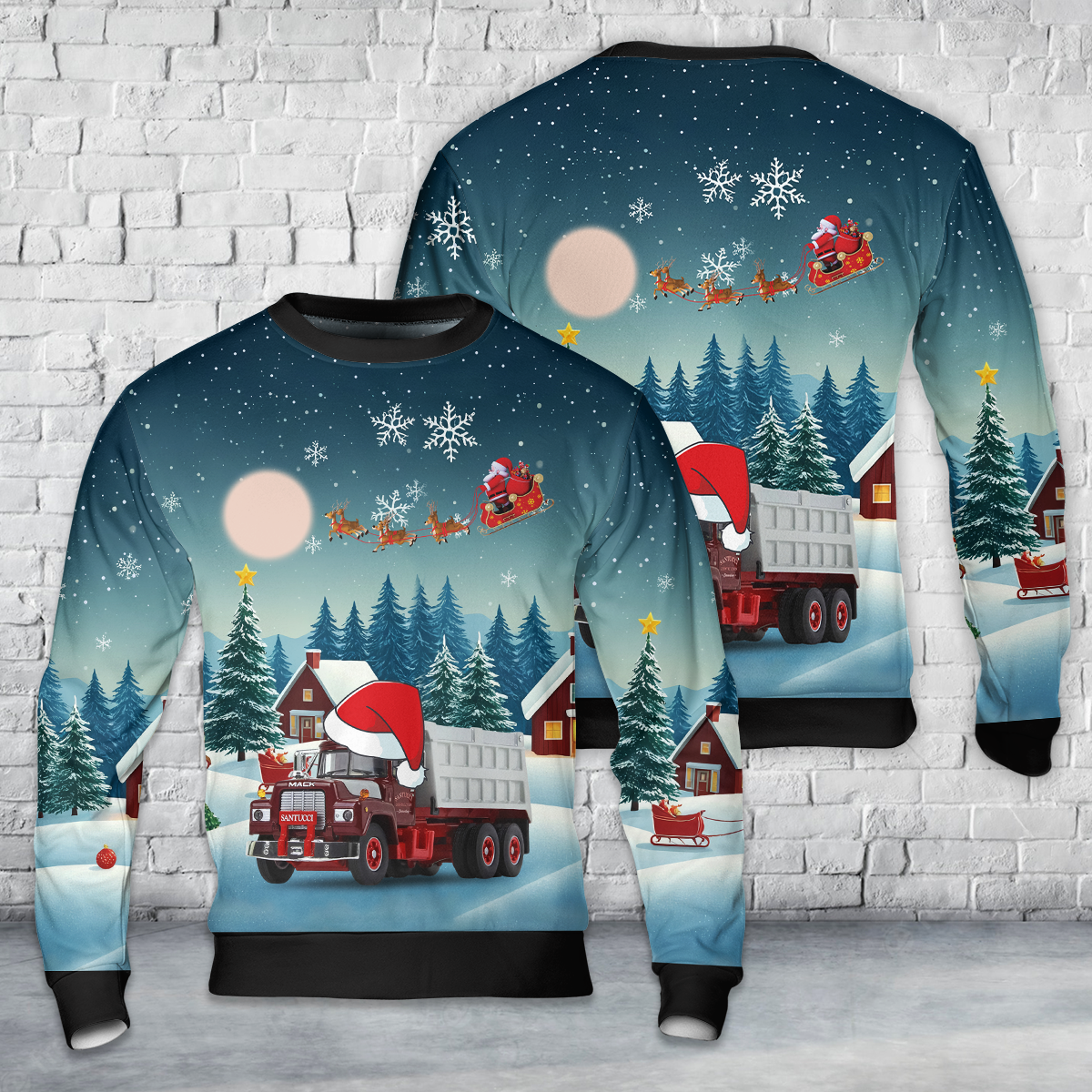 Mack R Model Dump Truck Christmas AOP Sweater