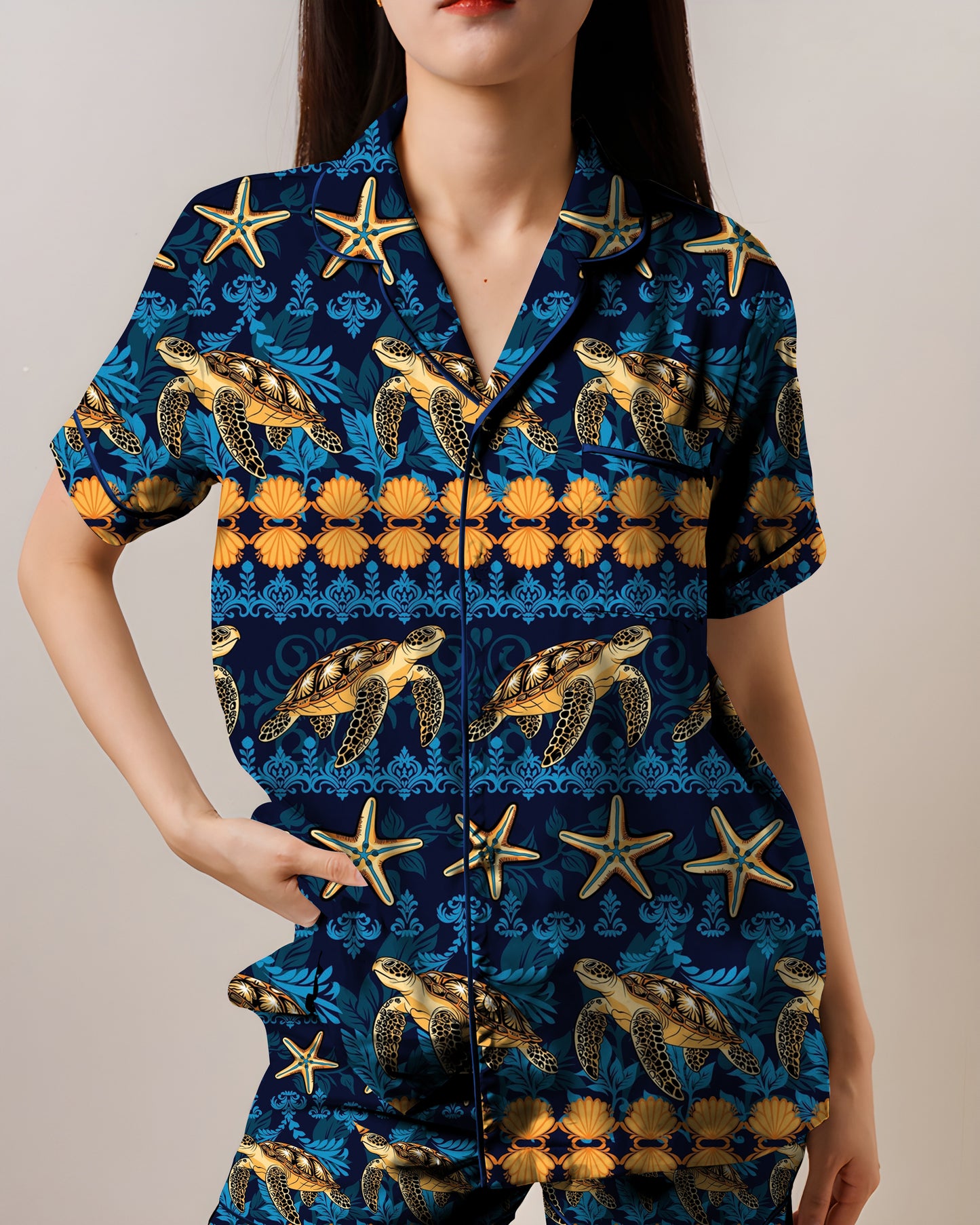 Marine Life AOP Satin Short-Sleeve Pajamas Set