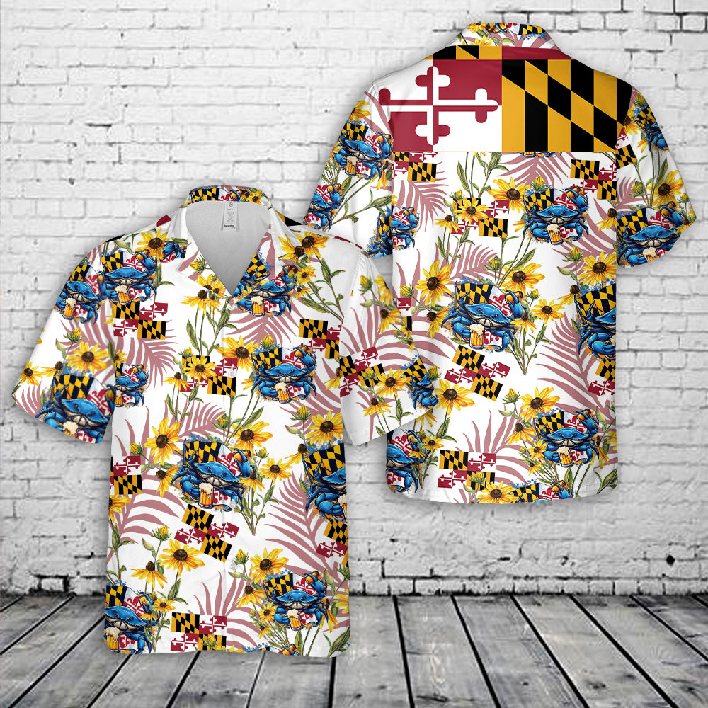 Maryland Flag Blue Crab, Cold Beer, Softball Hawaiian Shirt