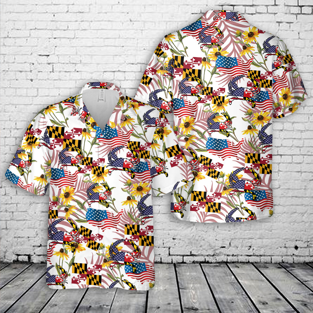 Maryland & US Flag Crab Necktie Hawaiian Shirt