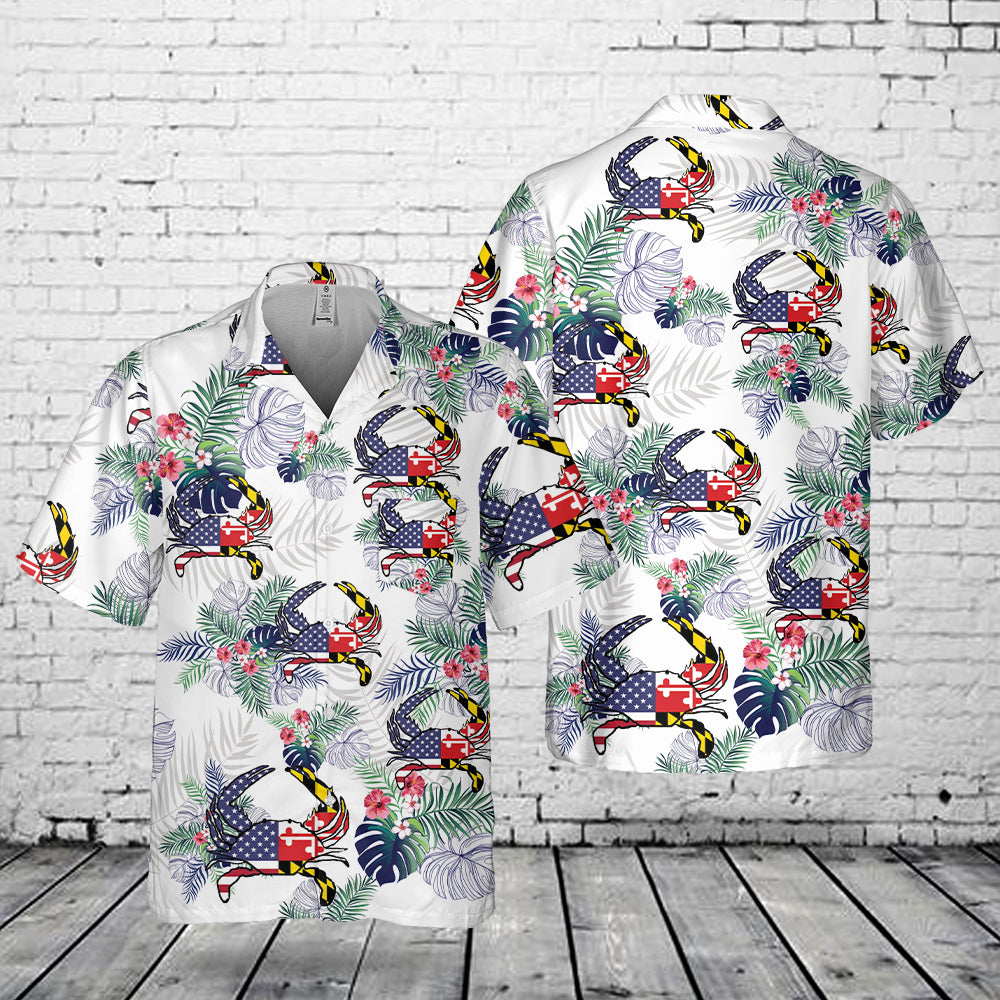 Maryland & US Flag Crab Pocket Hawaiian Shirt