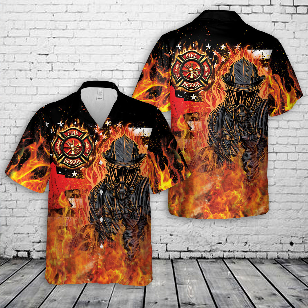 Masked Firefighter Fire Rescue with Burning American Flag Hawaiian Shirt