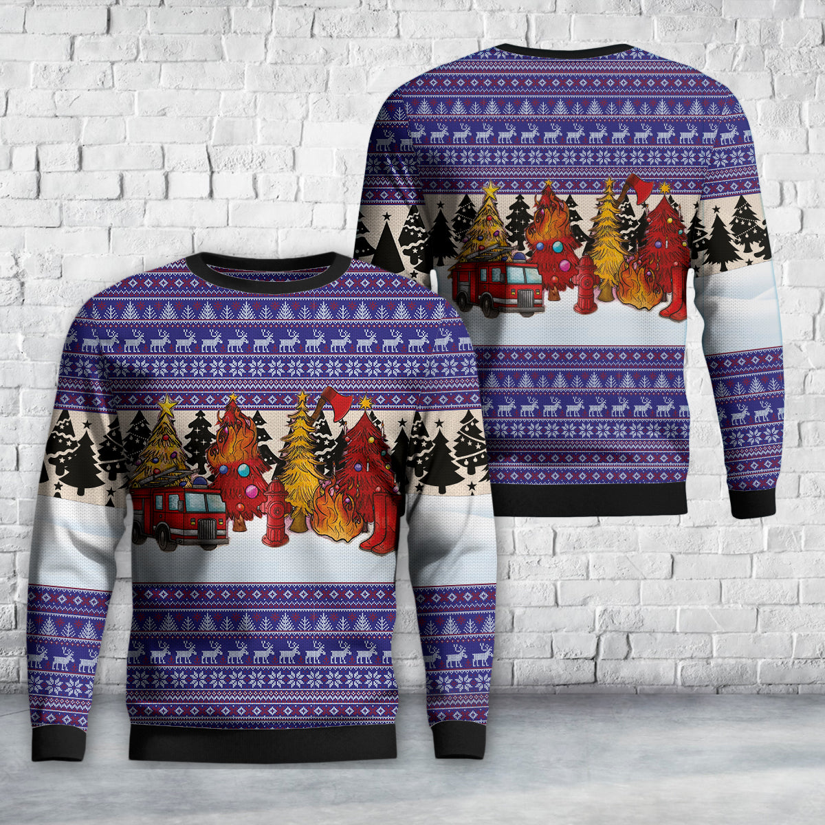 Merry Christmas Fire Department Trees AOP Sweater