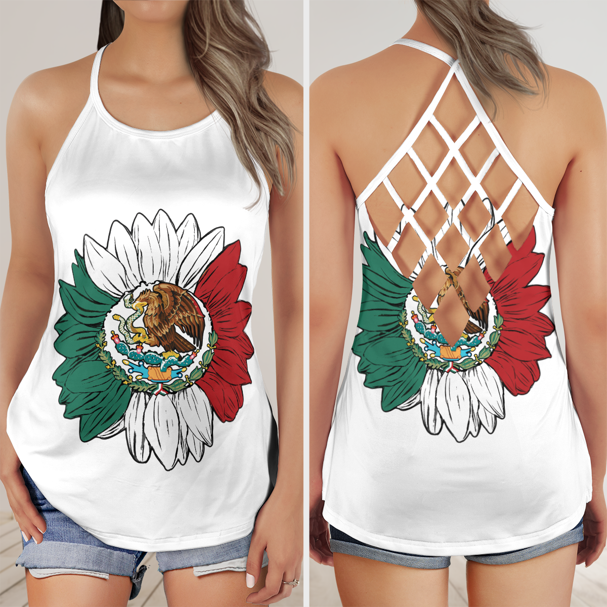 Mexico Flag Sunflower Criss Cross Open Back Tank Top