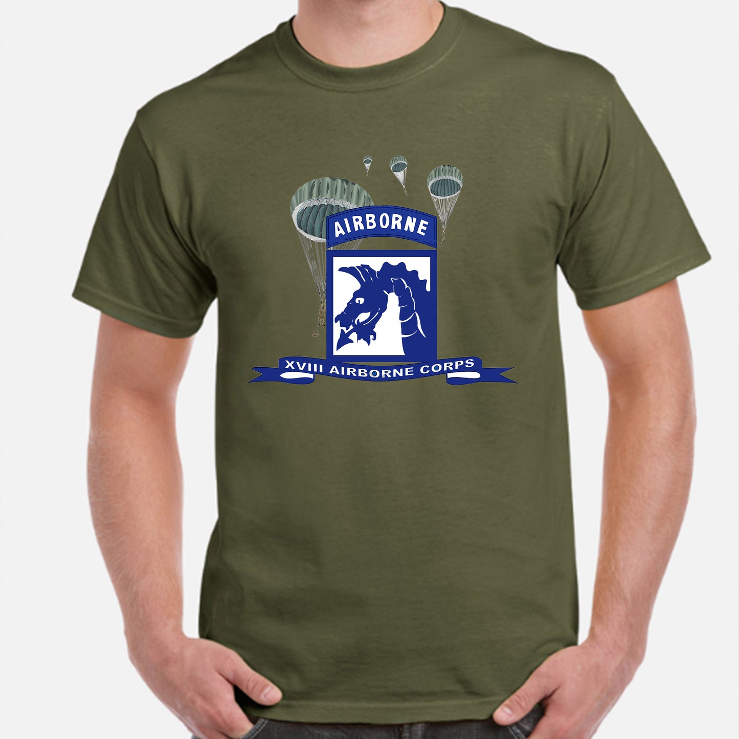 US Army XVIII Airborne Corps w Parachute Ribbon Classic Unisex T-Shirt Gildan 5000 (Made In US) DLQD1304PT05