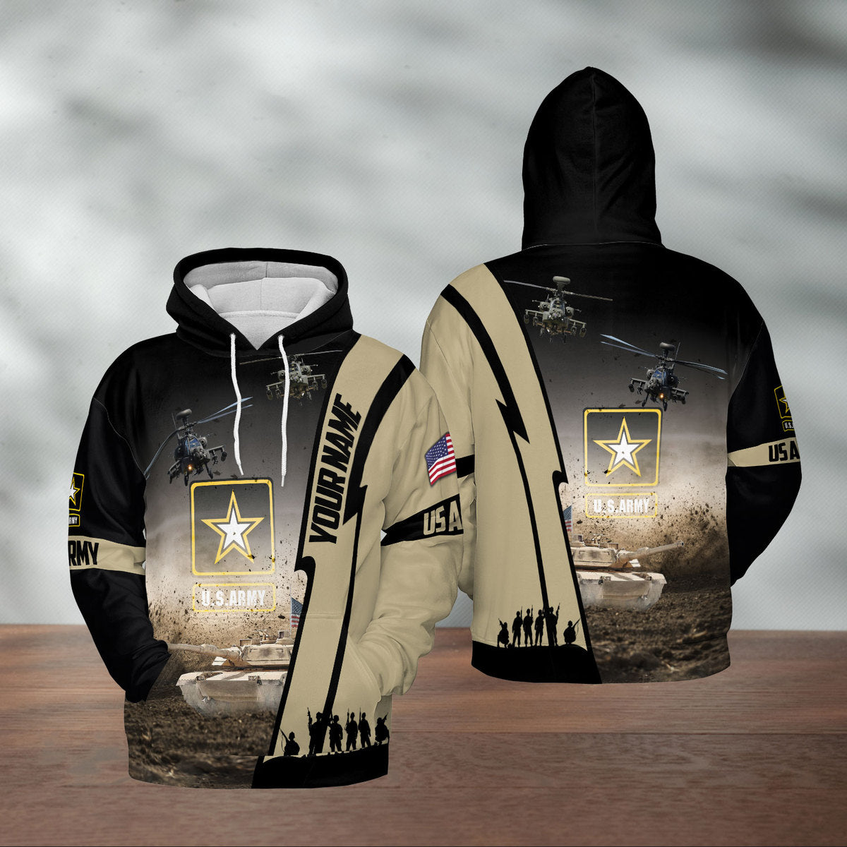Custom Name US Army M1 Abrams Tank & AH-64 Apache 3D Hoodie