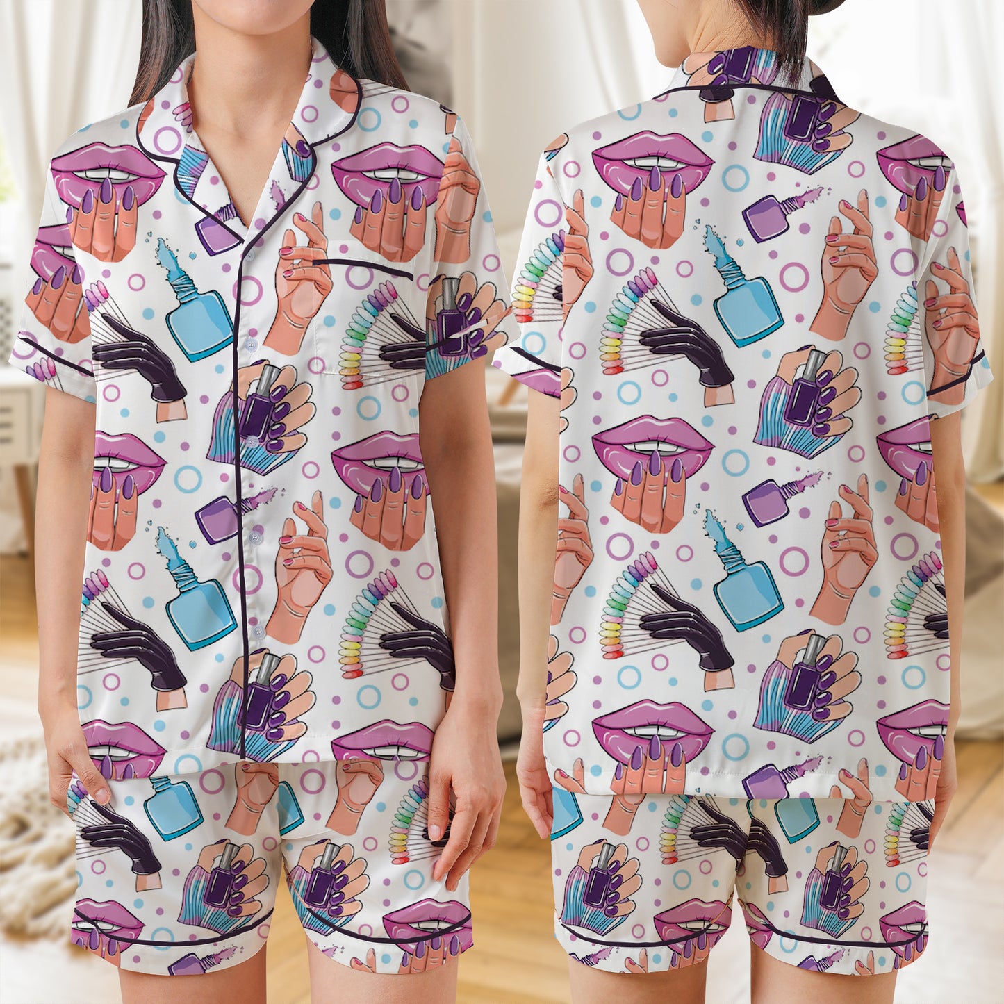 Nail Technician AOP Satin Short-Sleeve Pajamas Set