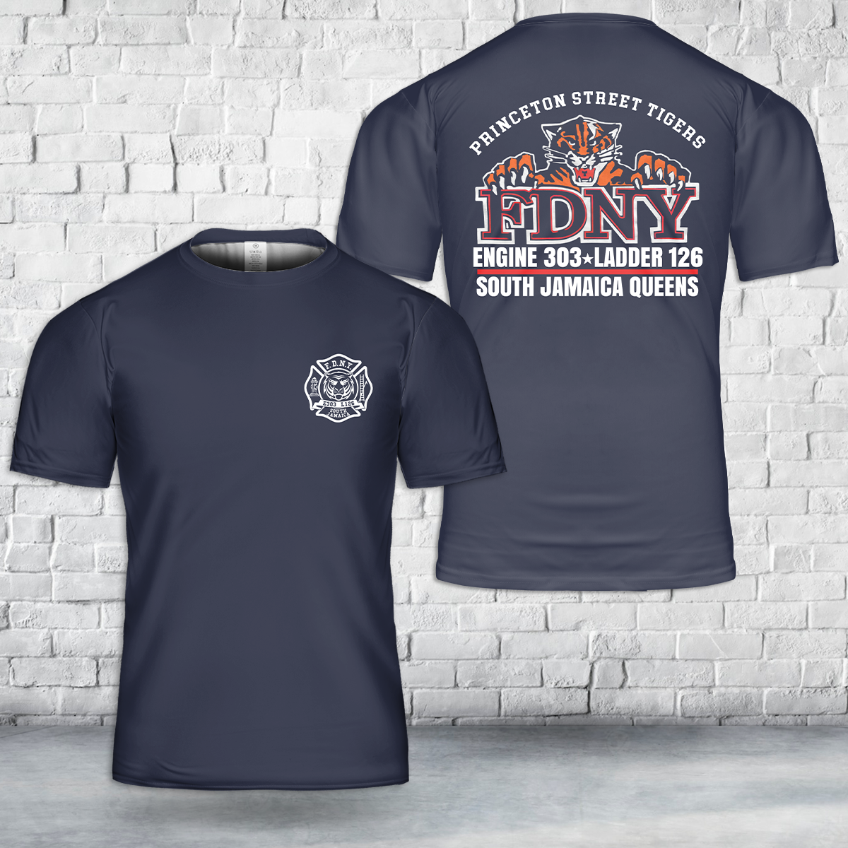 New York City Fire Dept. Princeton St. Tigers South Jamaica Queens (E-303/L-126) T-Shirt 3D