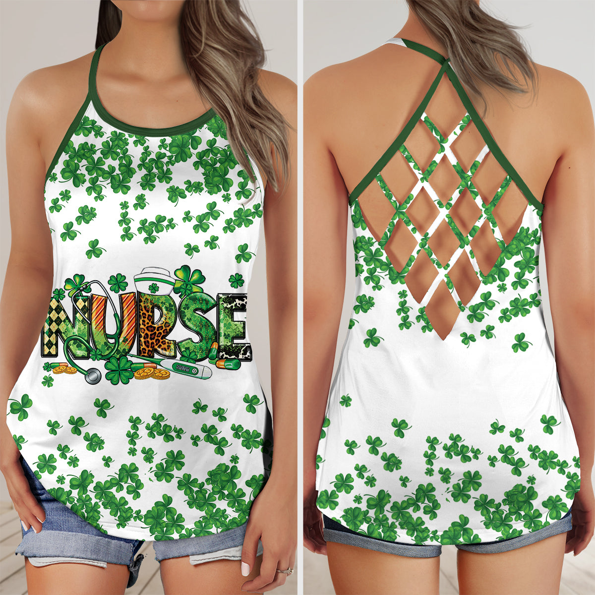 Nurse St.Patrick's Day Criss Cross Open Back Tank Top