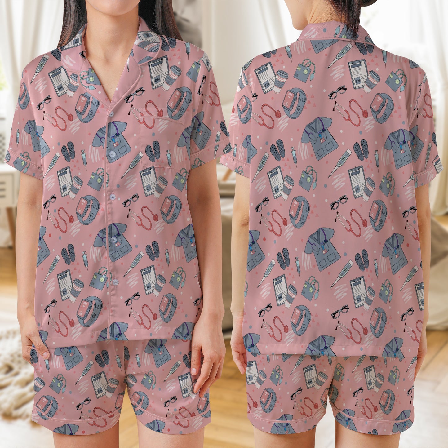 Nurse Seamless AOP Satin Short-Sleeve Pajamas Set
